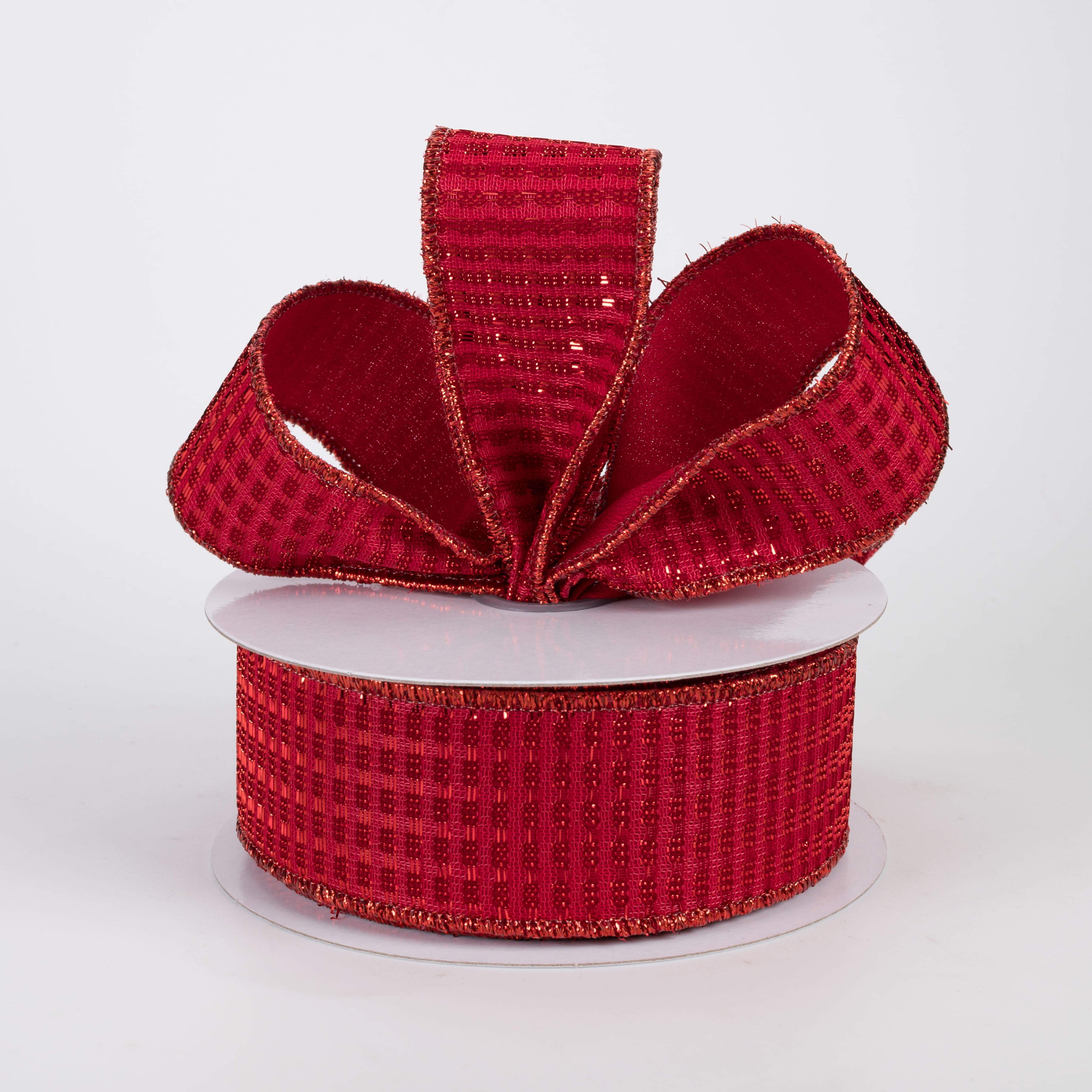 1.5" Metallic Rishi Woven Grid Ribbon: Red (10 Yards)