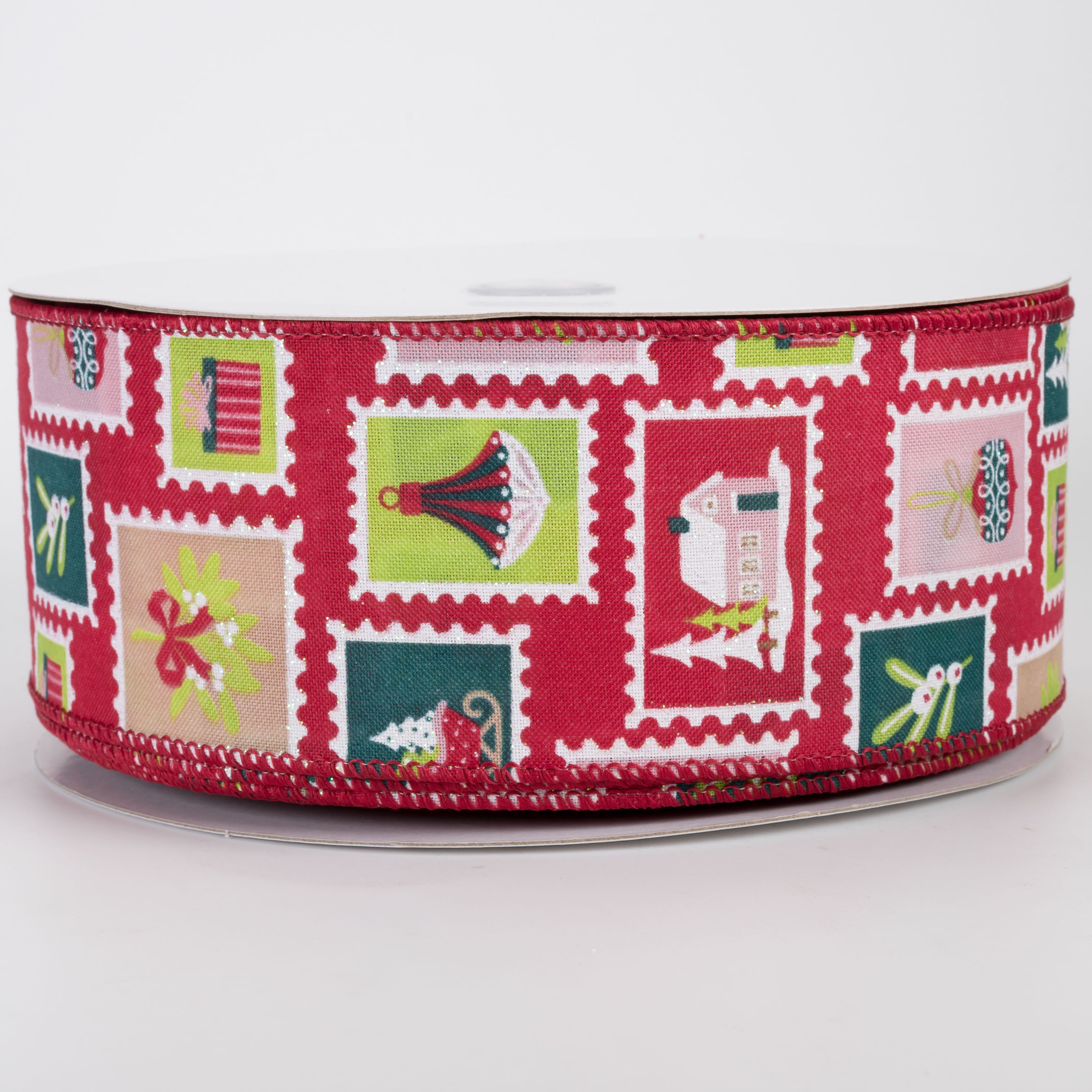 2.5" Satin Christmas Postage Stamps Ribbon: Red (50 Yards)