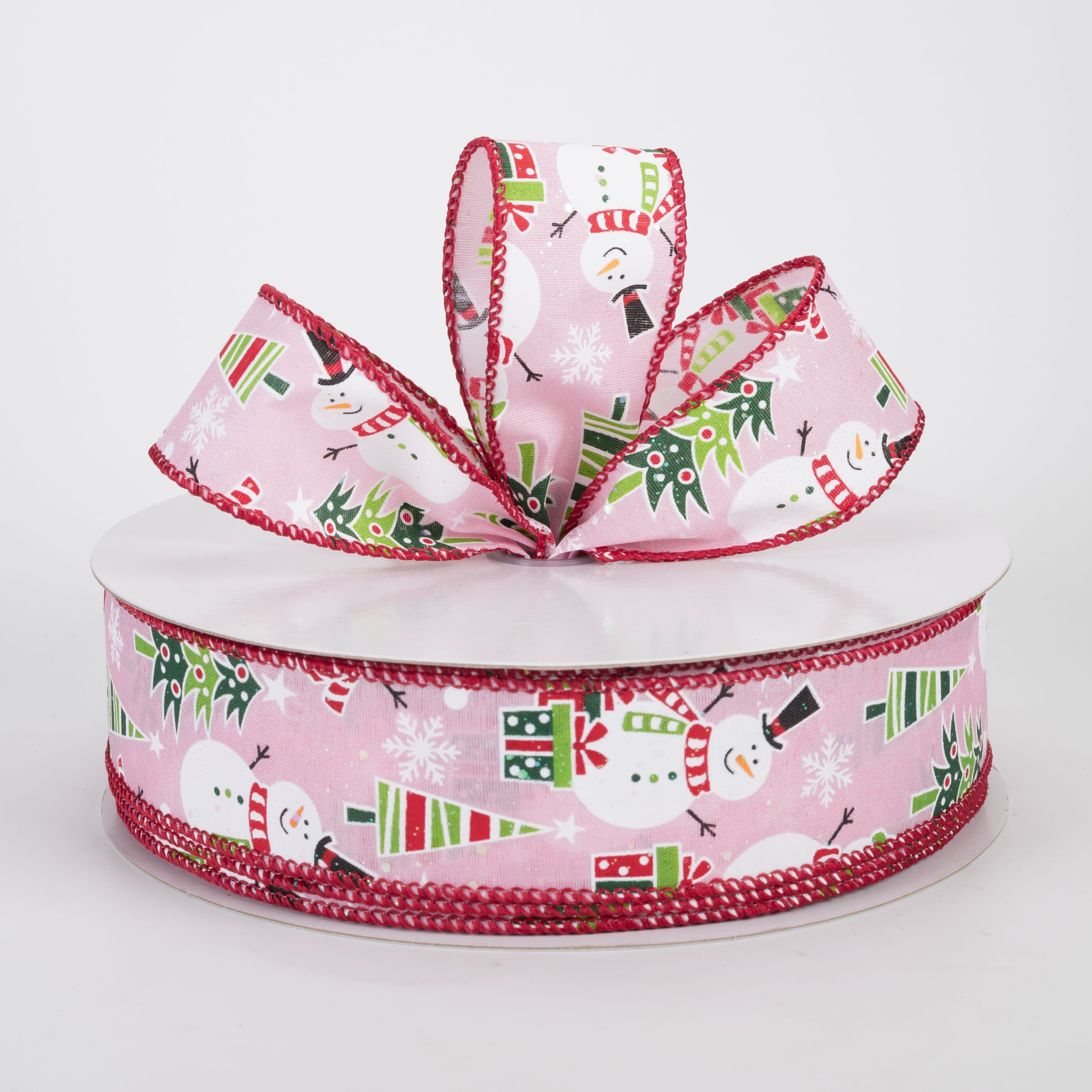 1.5" Frolicking Snowmen Satin Ribbon: Pink (50 Yards)