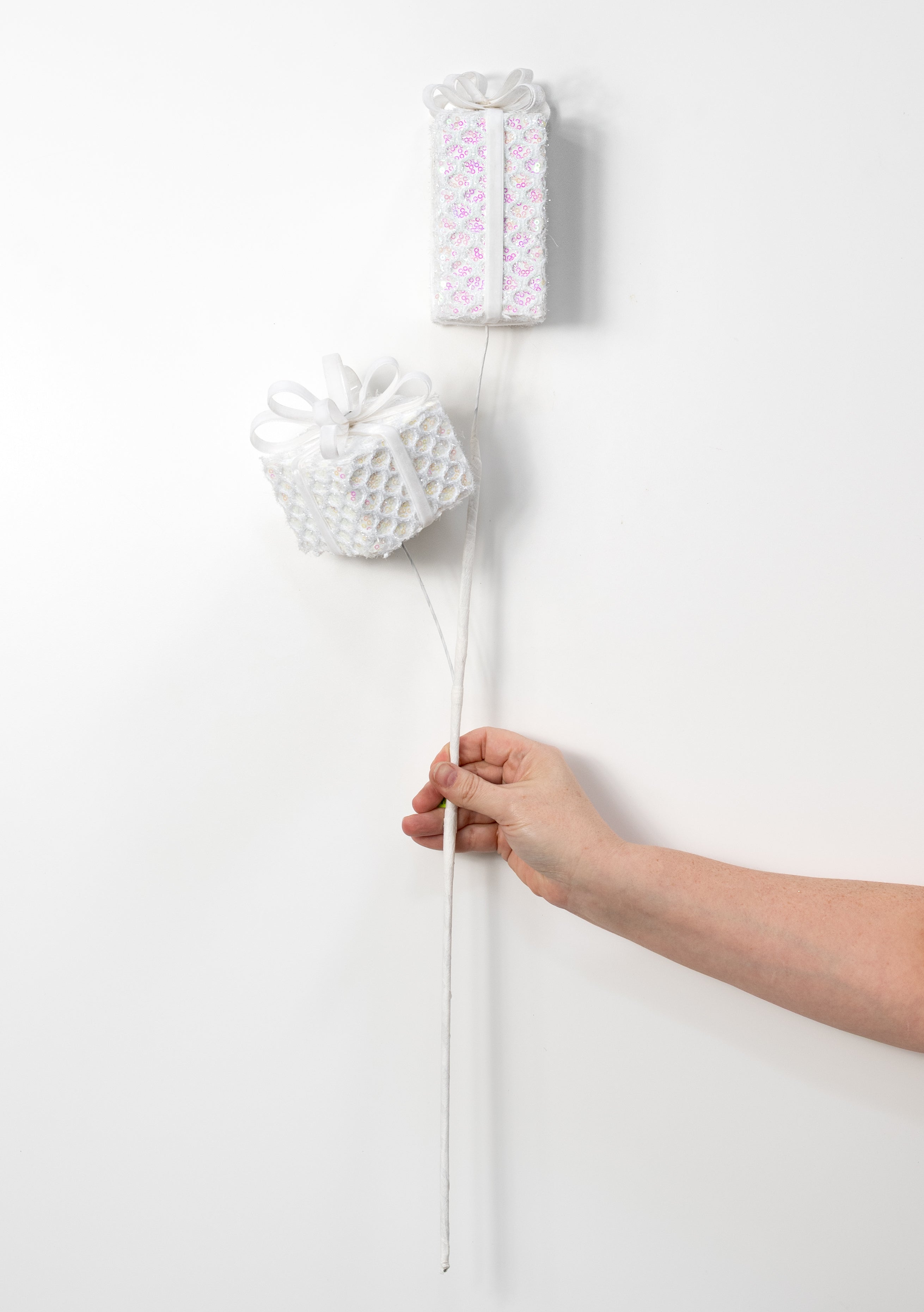 28" Mesh Wrapped Gift Box Spray: Iridescent White