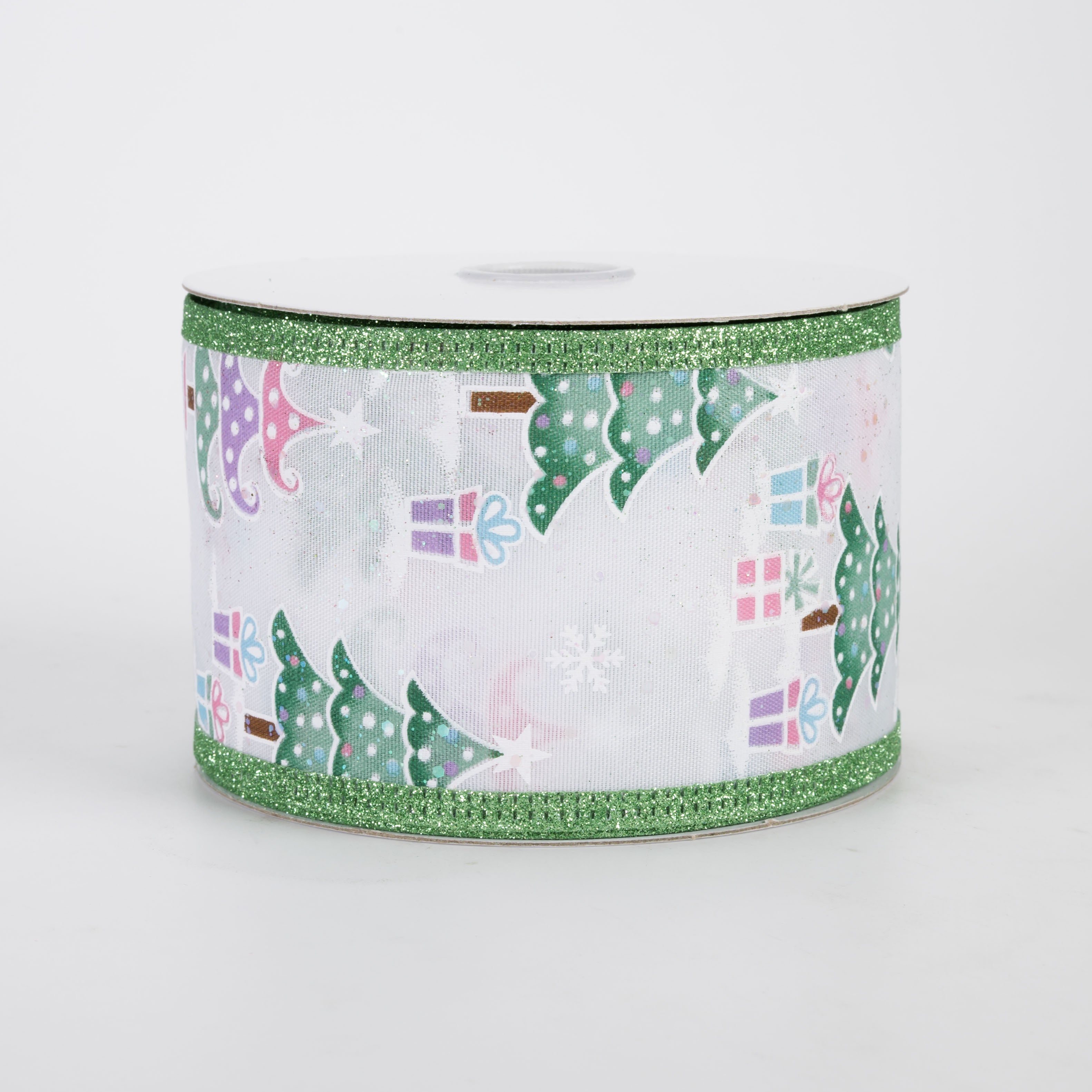 2.5" Cotton Candy Christmas Trees Glitter Edge Ribbon: Mint (10 Yards)