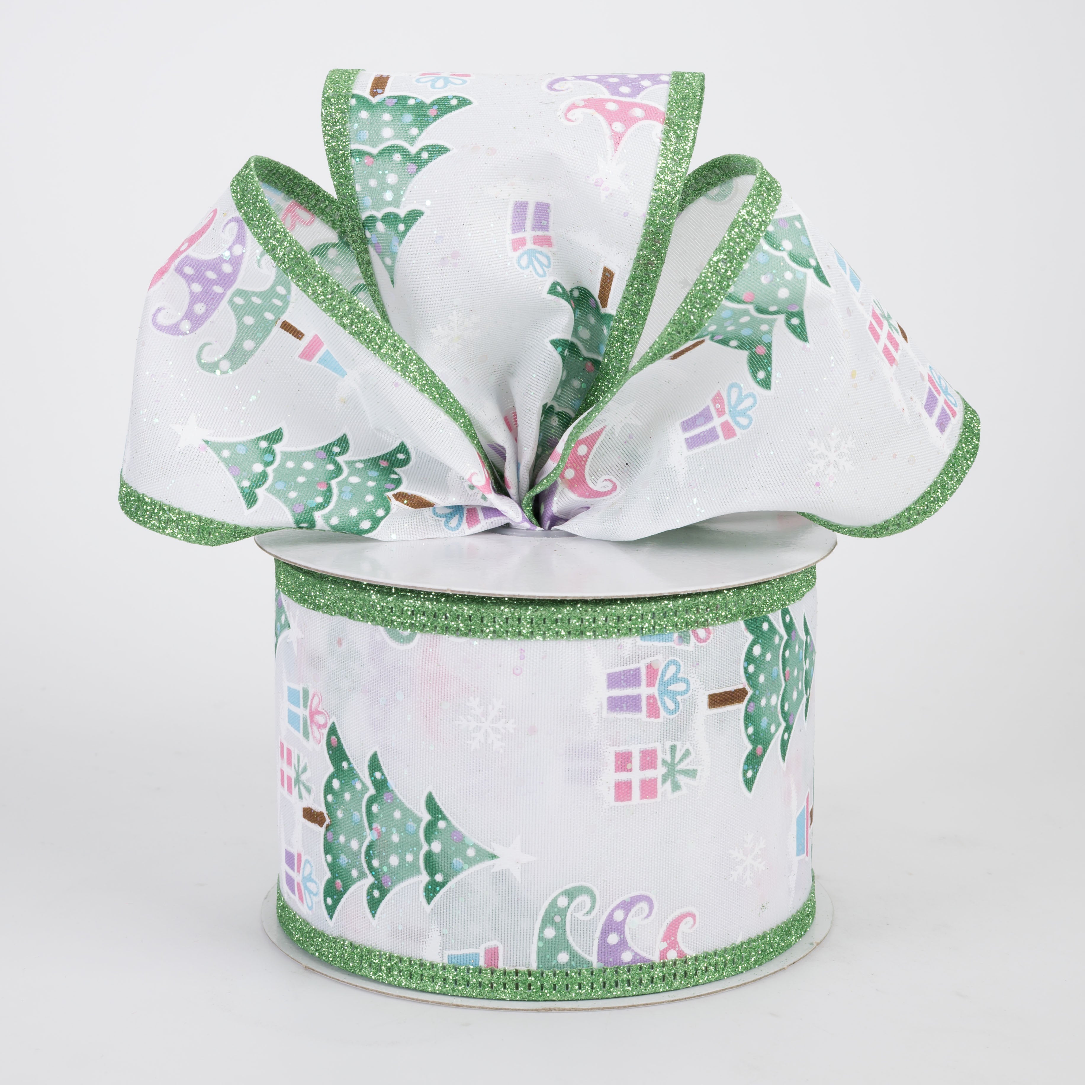 2.5" Cotton Candy Christmas Trees Glitter Edge Ribbon: Mint (10 Yards)
