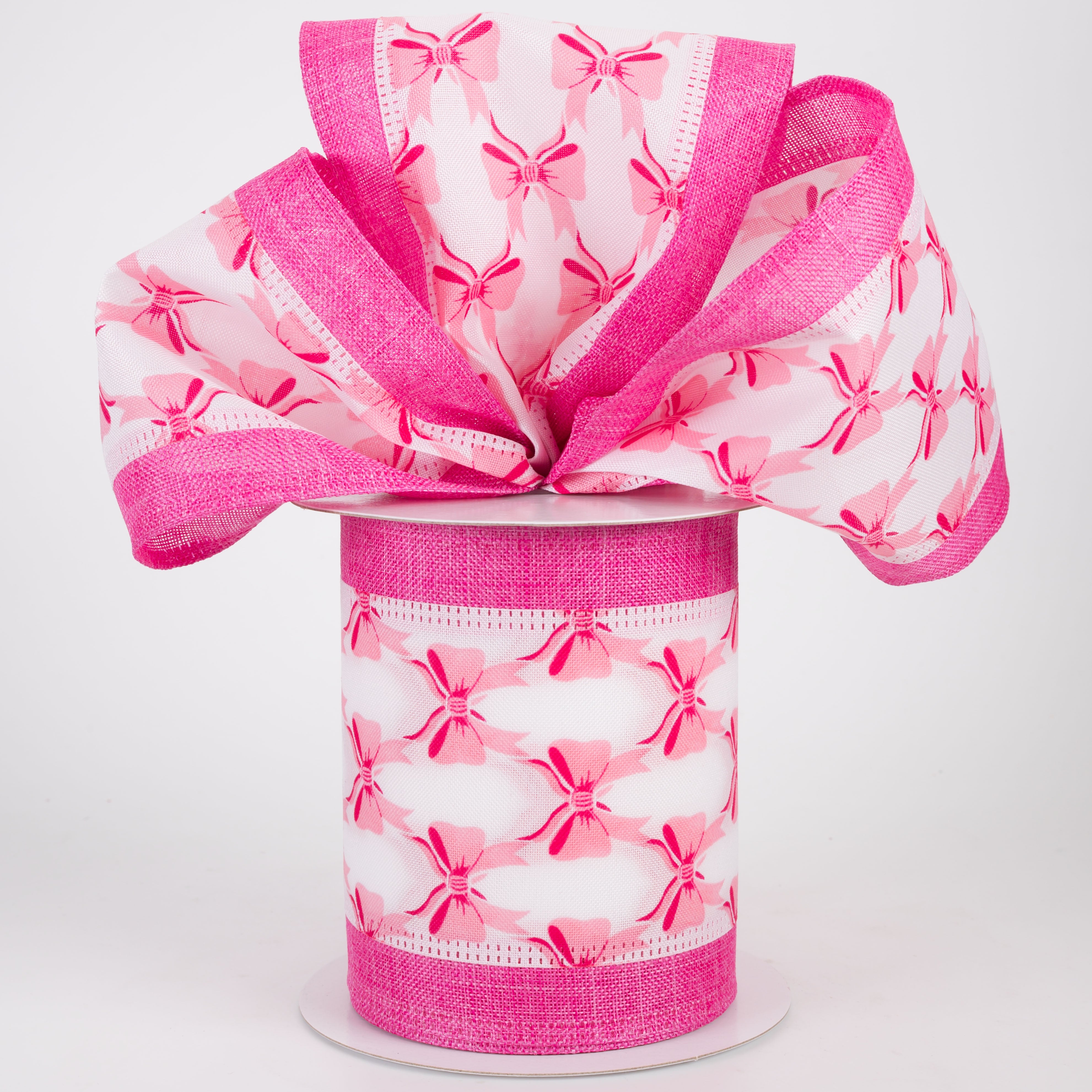 4" Patterned Bows Linen Edge Ribbon: Pink on White (10 Yards)