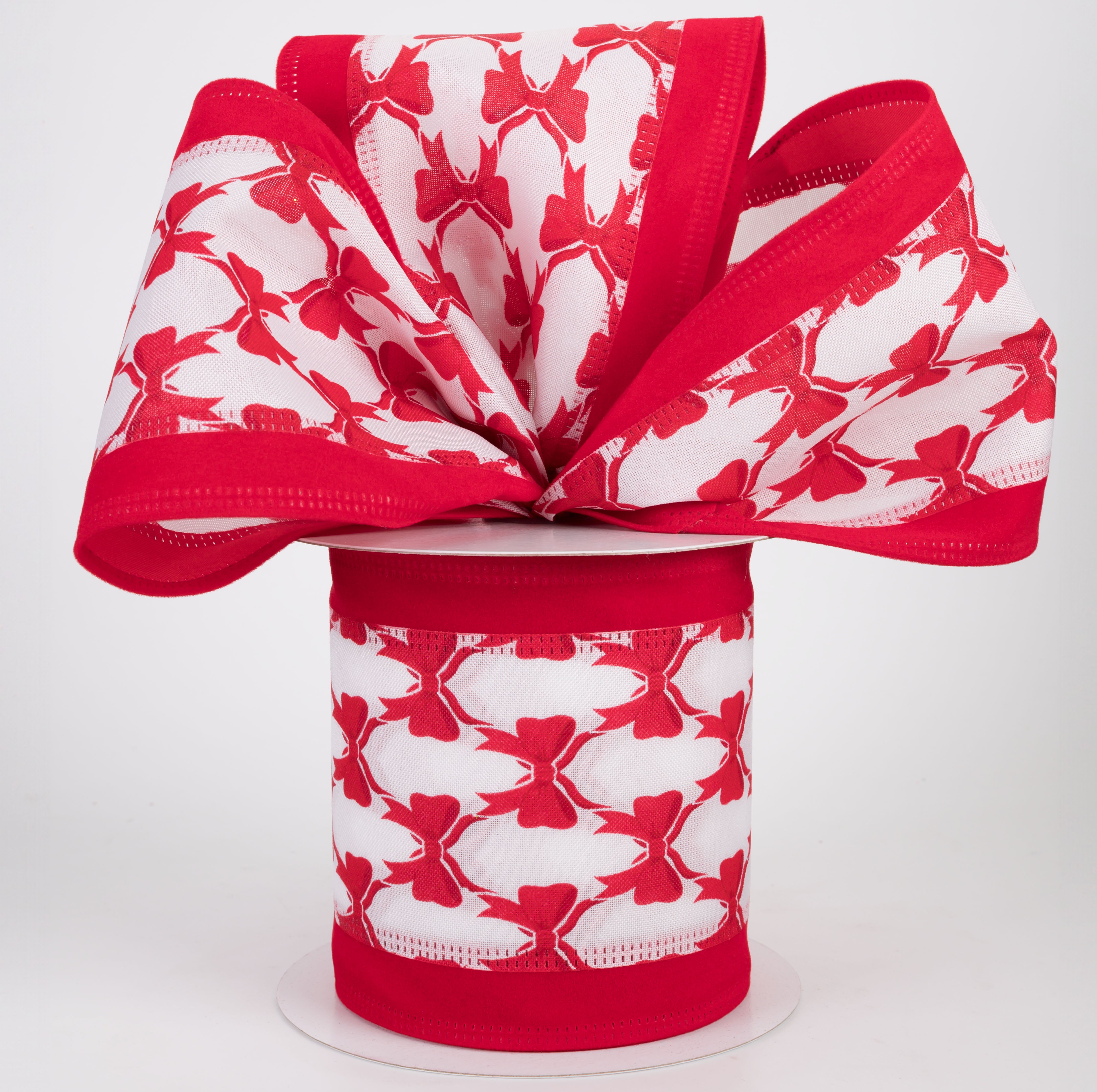 4" Patterned Bows Velvet Edge Ribbon: Red on White (10 Yards)
