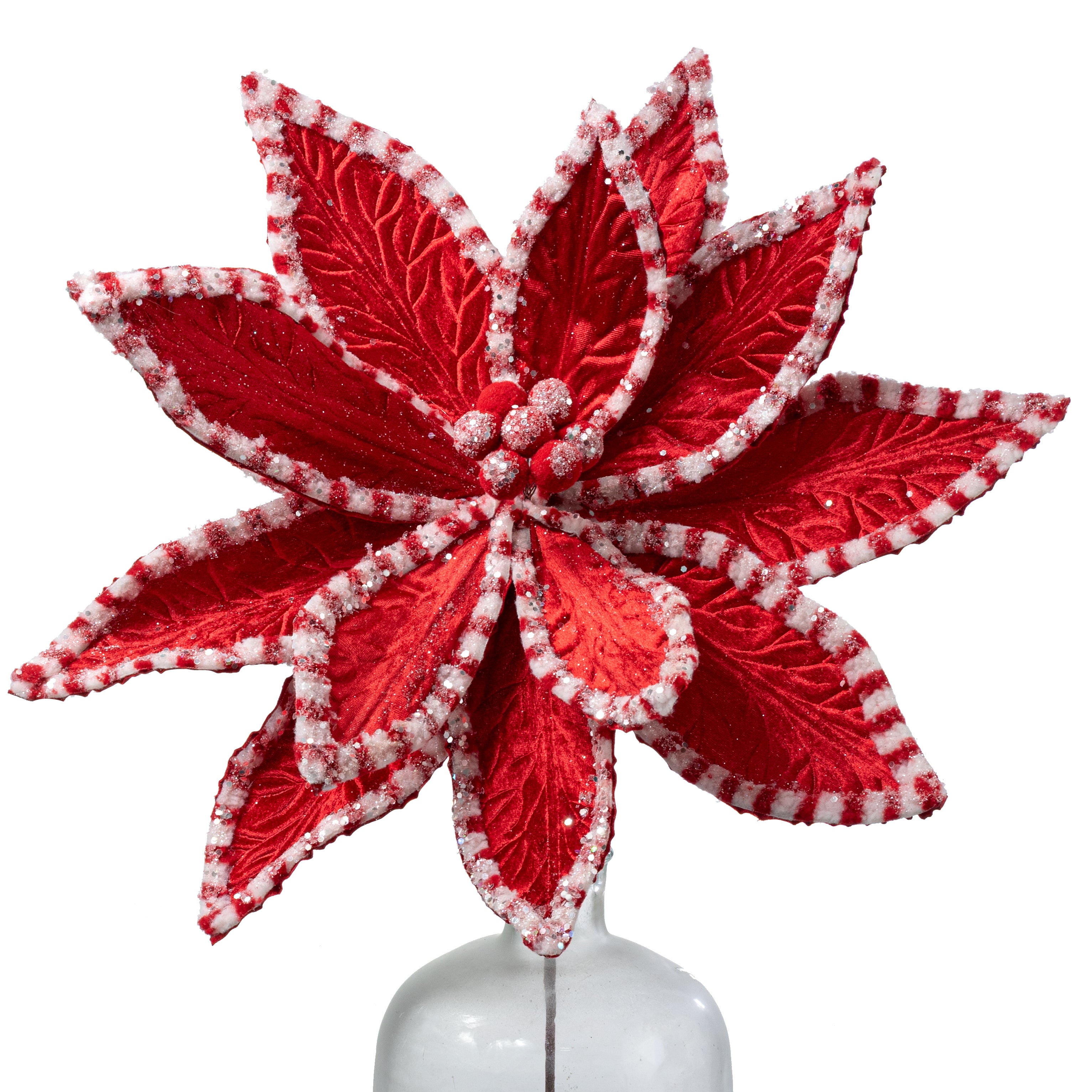 20" x 29" Jumbo Velvet Peppermint Poinsettia Stem: Red & White