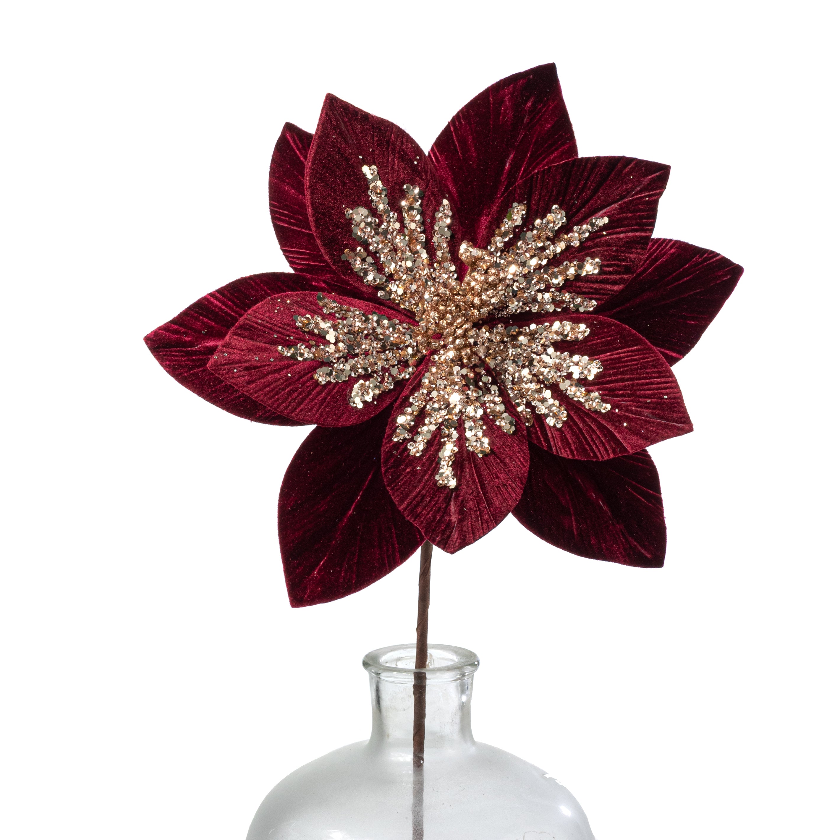 11" x 22" Sequined Velvet Poinsettia Stem: Burgundy & Rose Gold