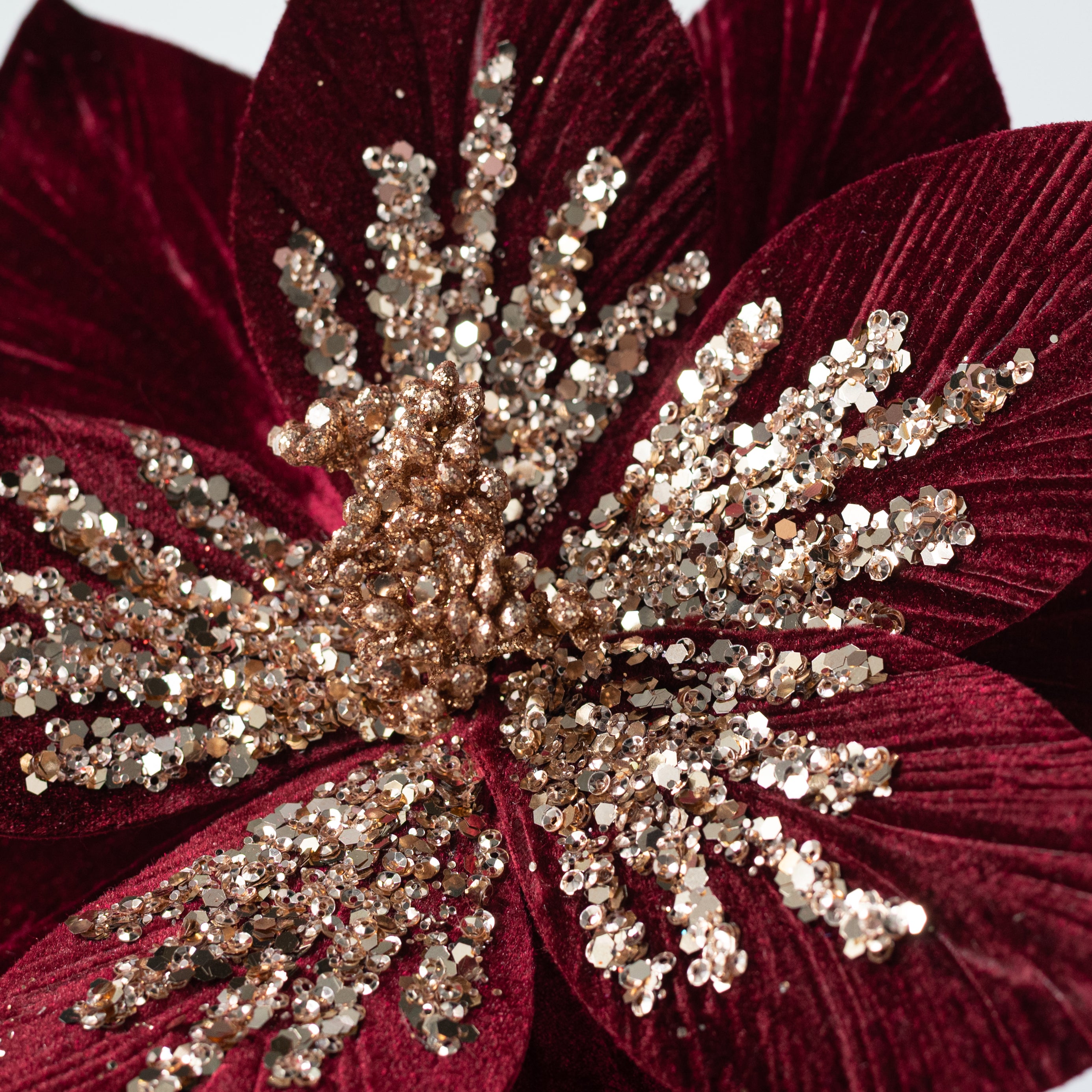 11" x 22" Sequined Velvet Poinsettia Stem: Burgundy & Rose Gold