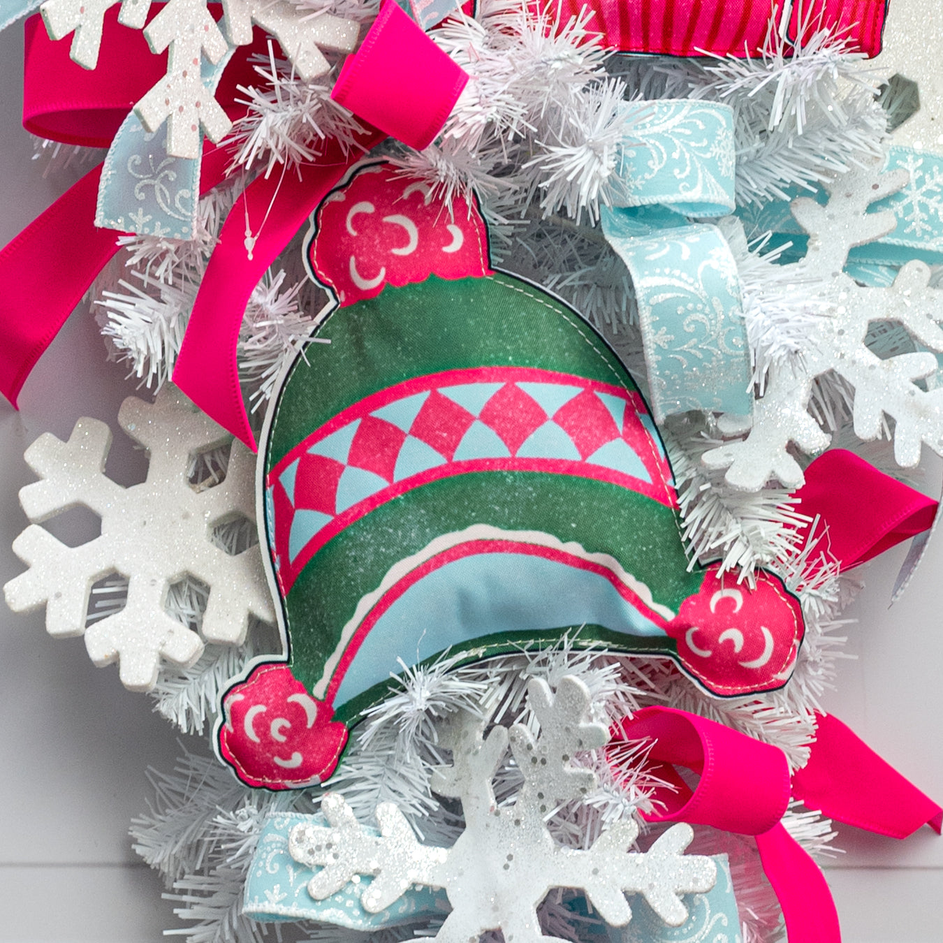 8.5" Fabric Winter Beanie Hat Ornament: Green & Hot Pink