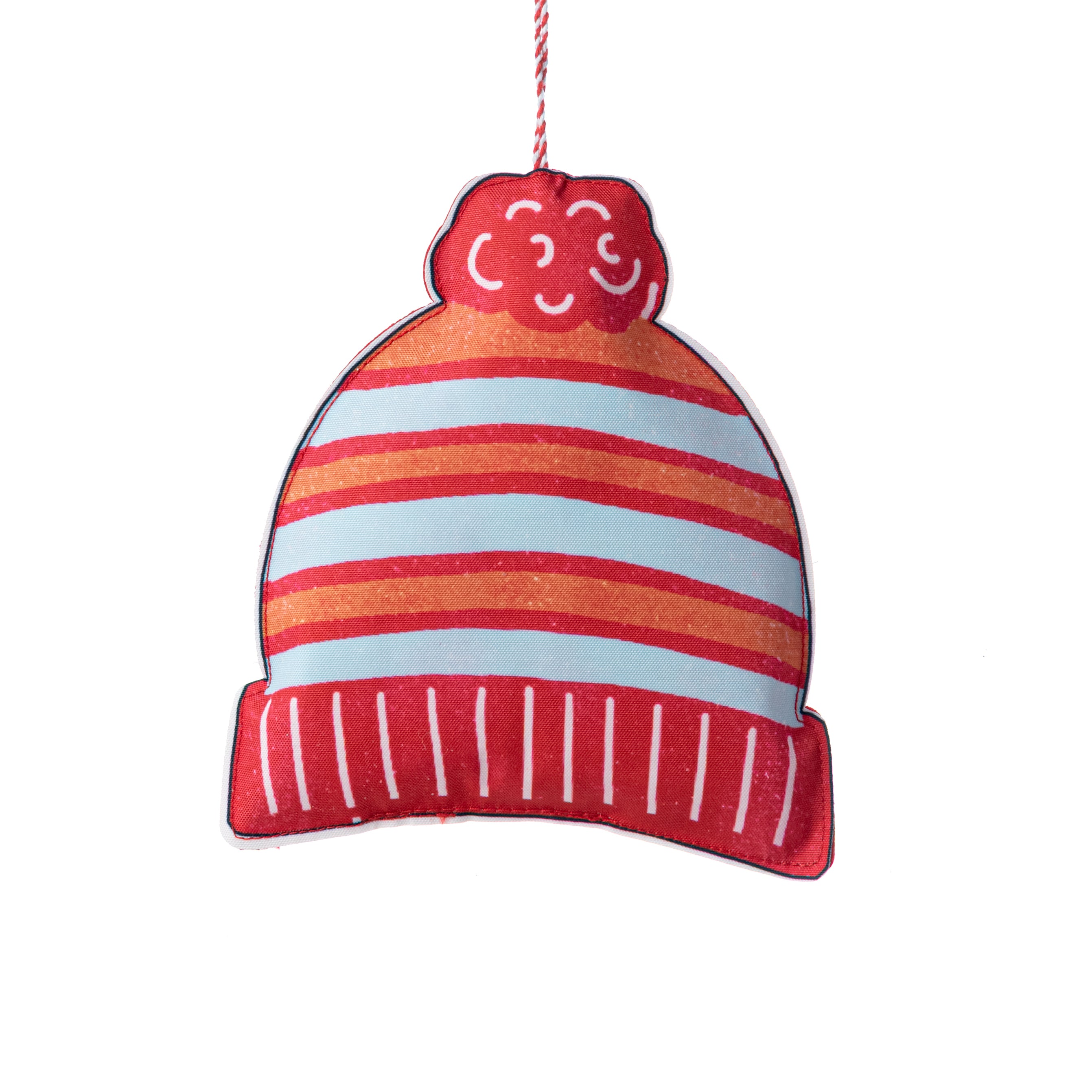 8" Fabric Winter Beanie Hat Ornament: Red & Ice Blue