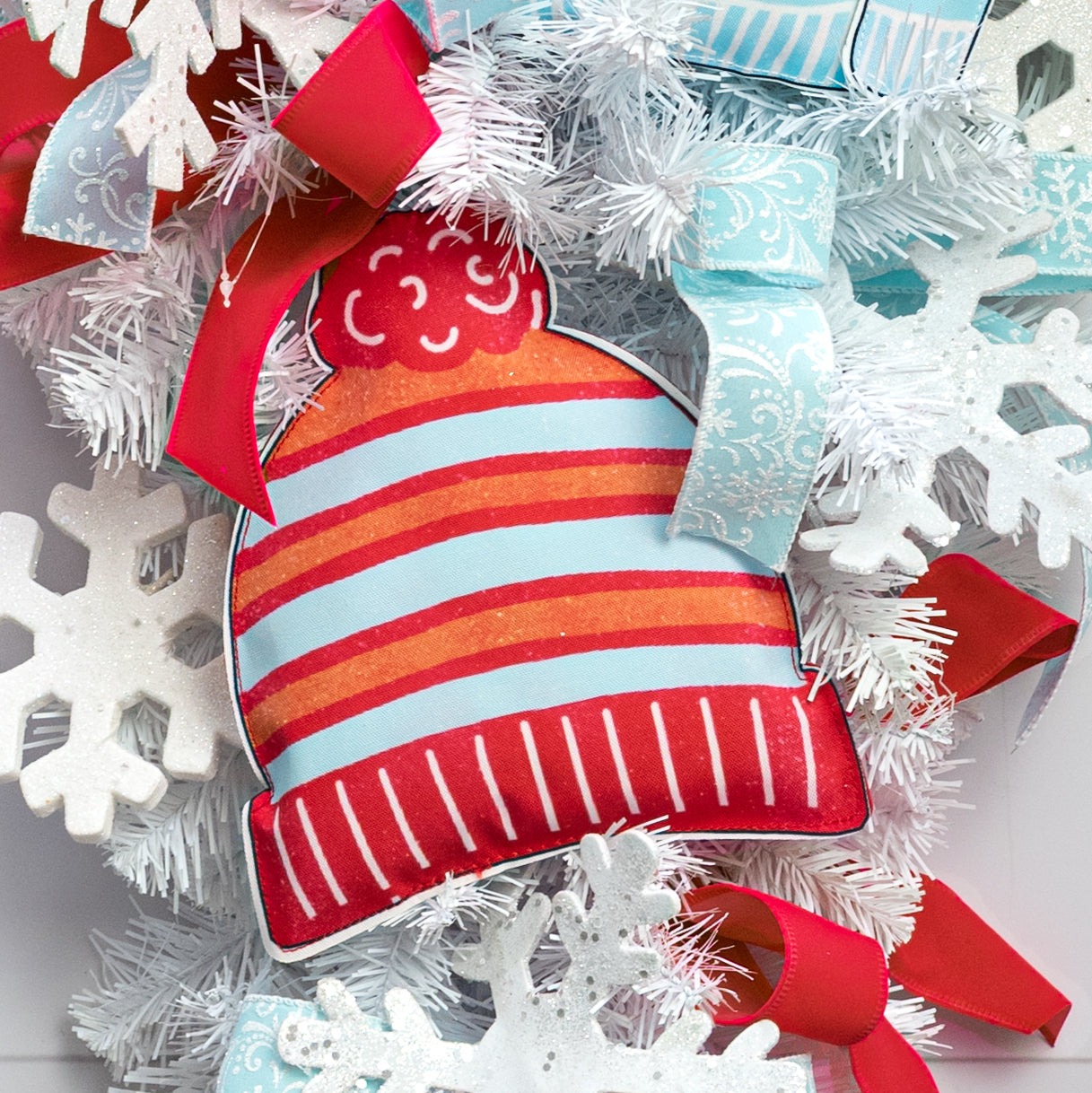 8" Fabric Winter Beanie Hat Ornament: Red & Ice Blue