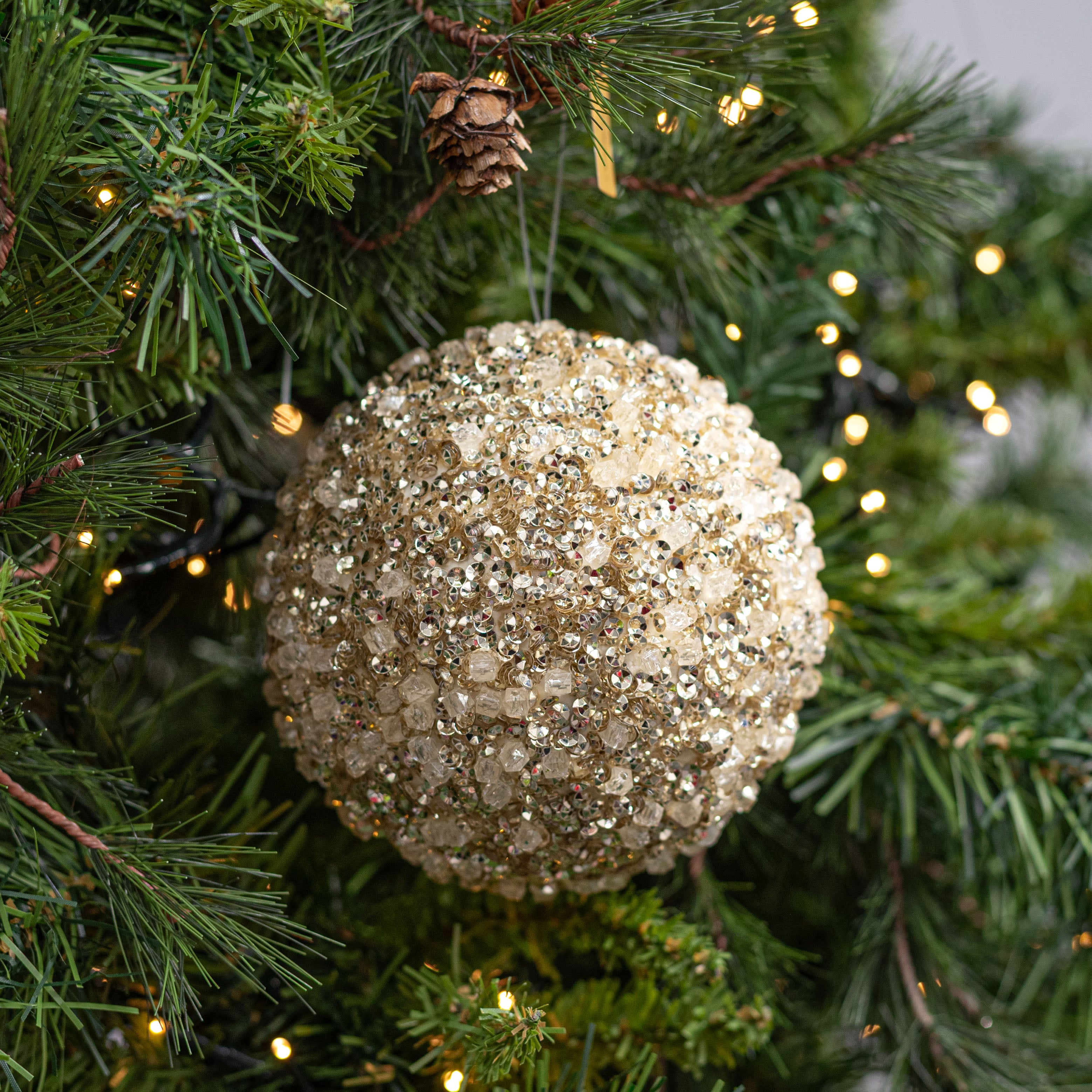 5" Beaded & Sequined Ball Ornament: Champagne Gold