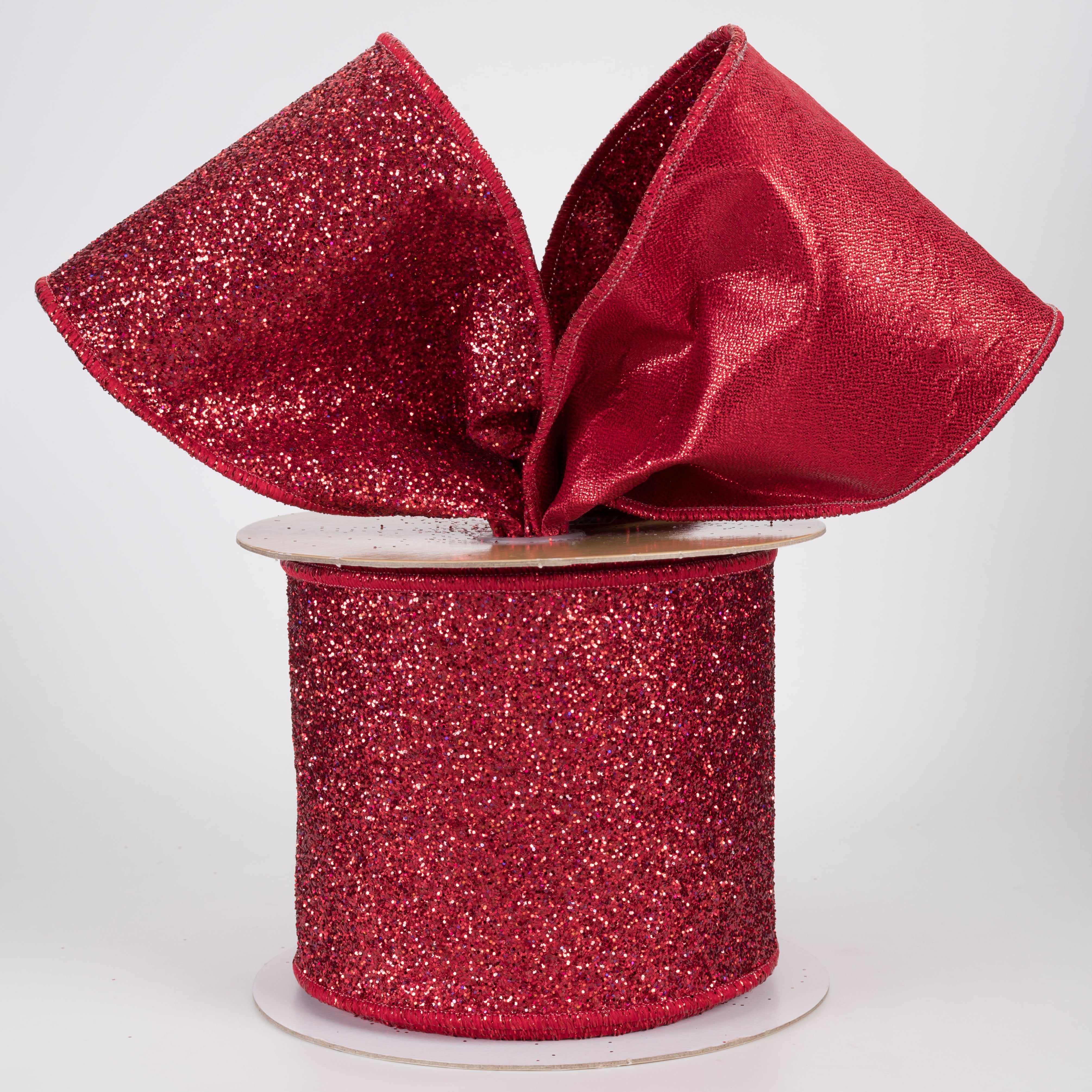 4" Double Sided Fused Laser Glitter Ribbon: Red (10 Yards)