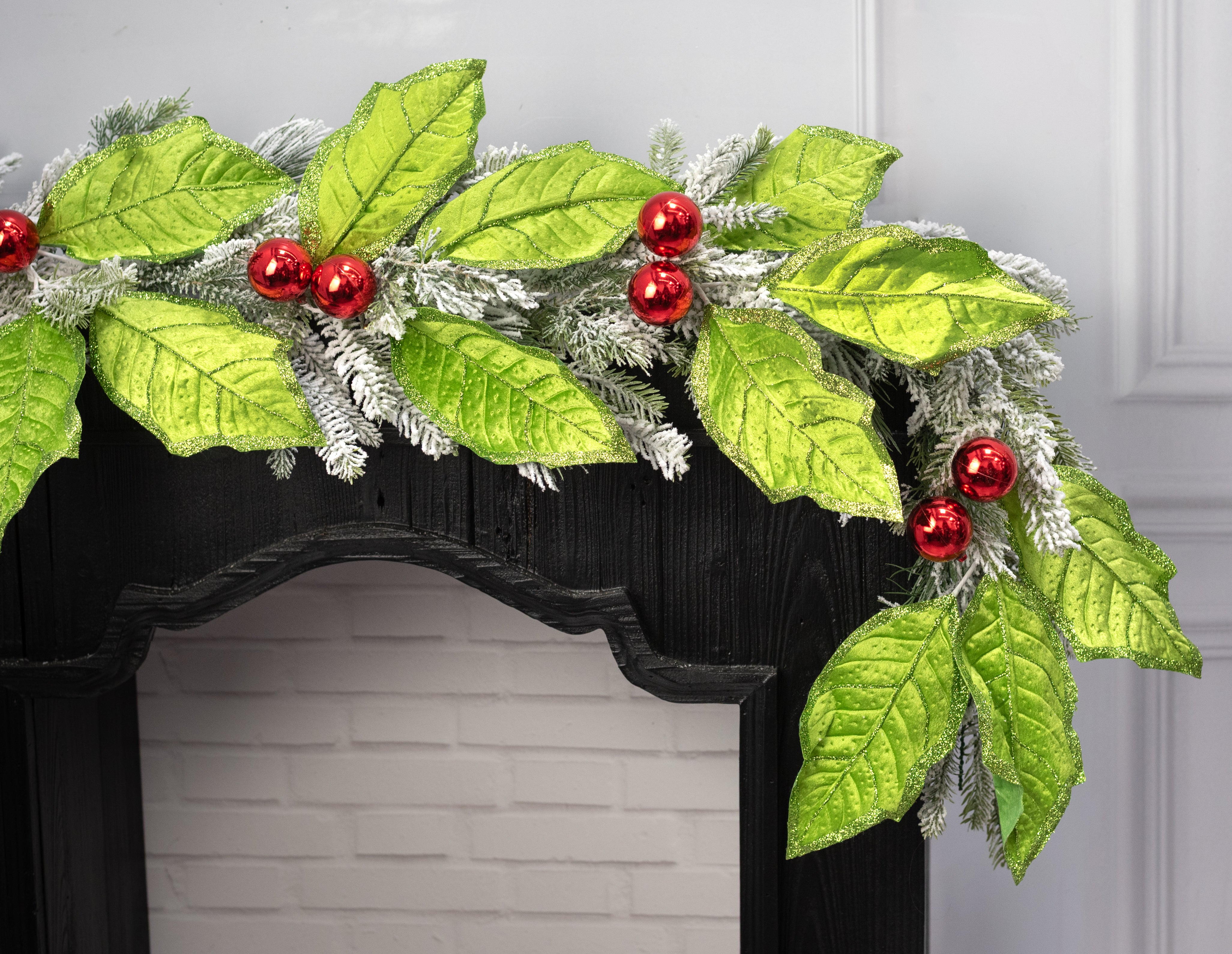 52" Velvet Holly Leaves Garland: Lime Green & Red