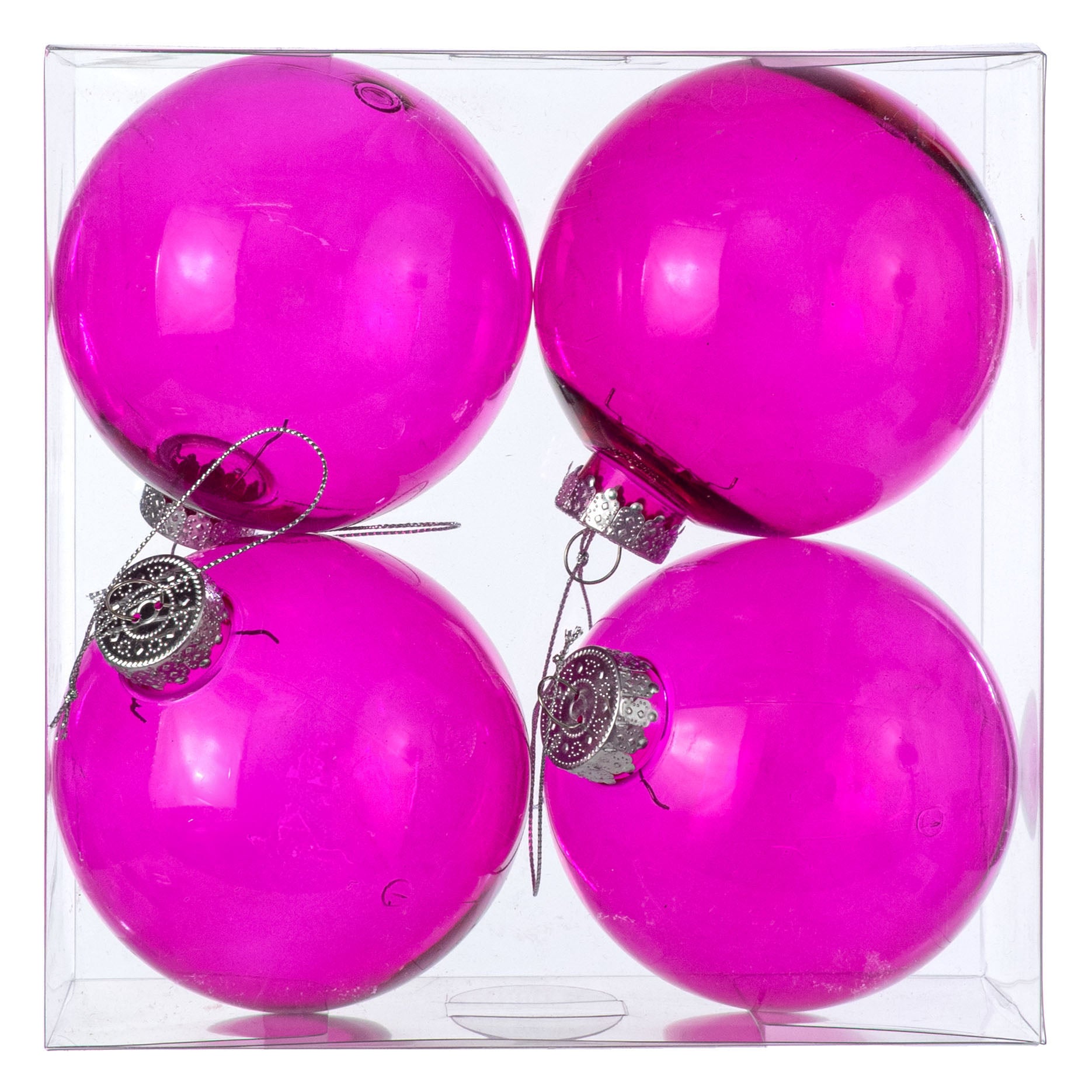100MM Plastic Ball Ornament: Fuchsia Clear (Set of 4)