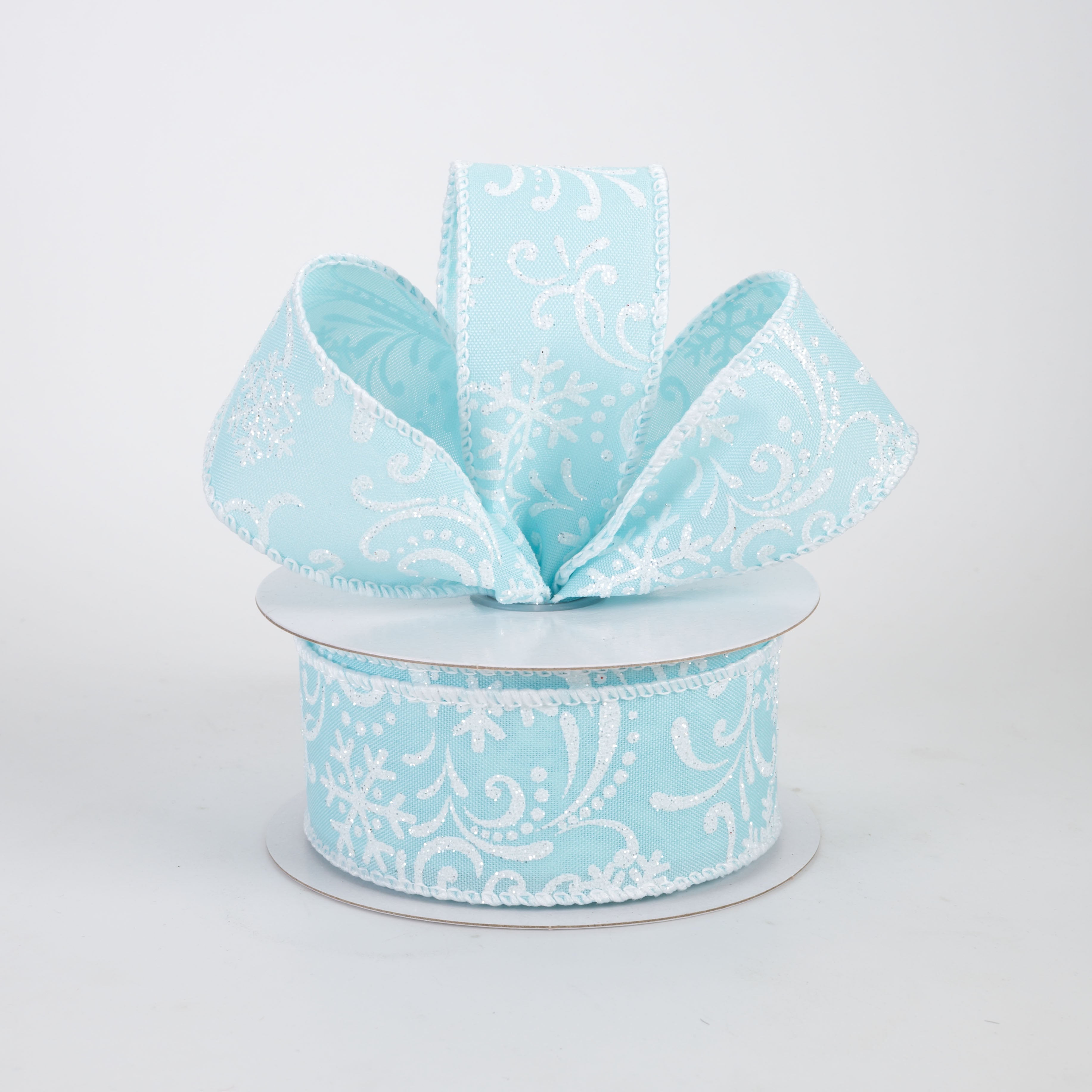 1.5" Glittered Satin Snow Flurry Ribbon: Blue & White (10 Yards)