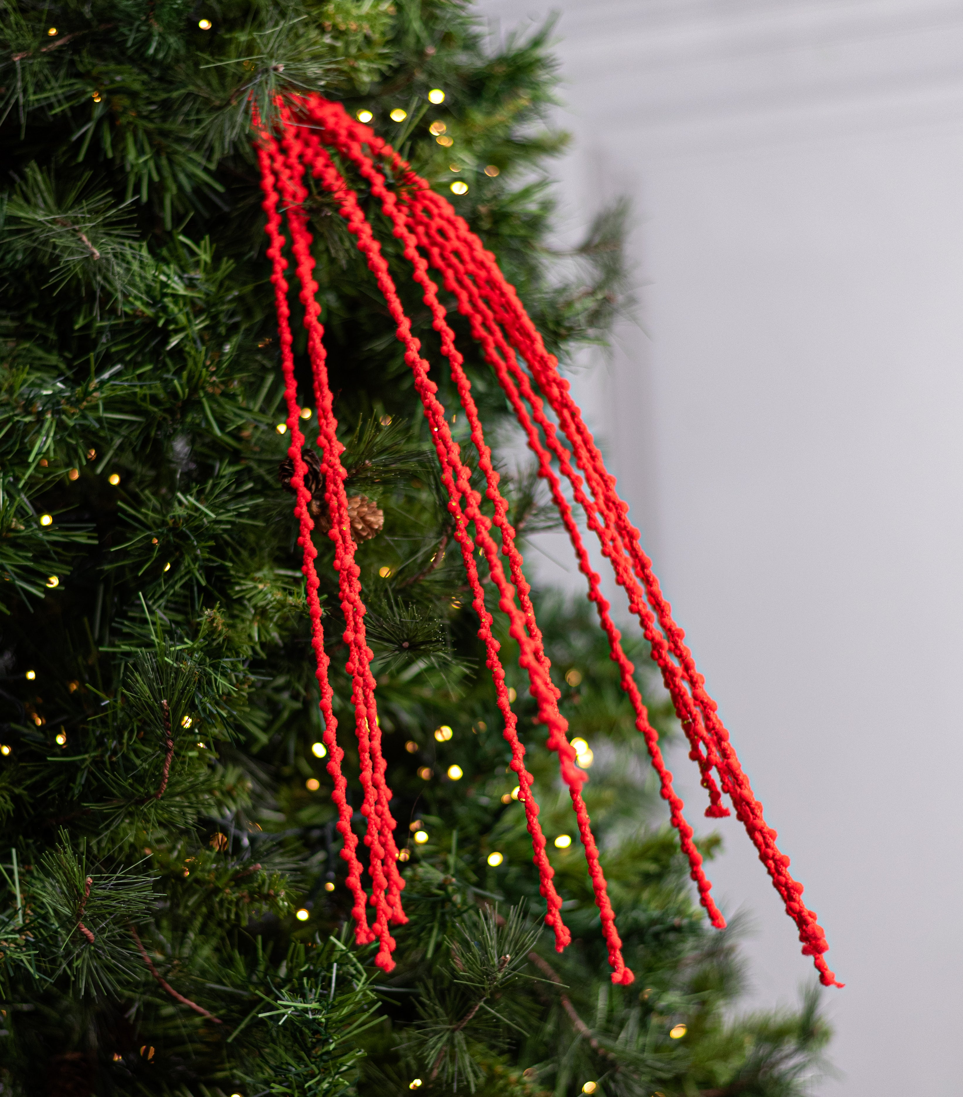 35" Glittered Puff Chenille Dangling Spray: Red
