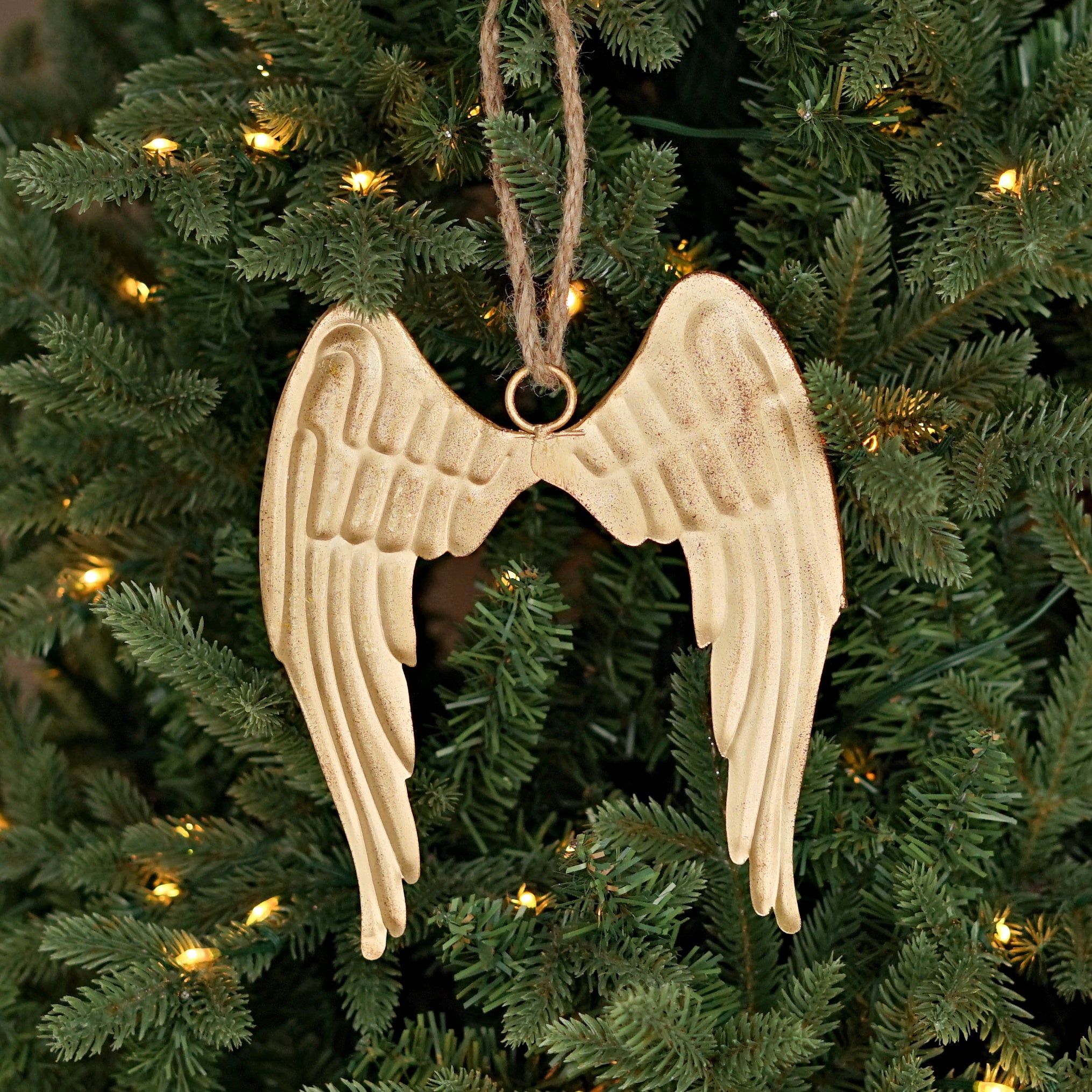 7" Distressed Metal Angel Wing Ornament: Antique Gold