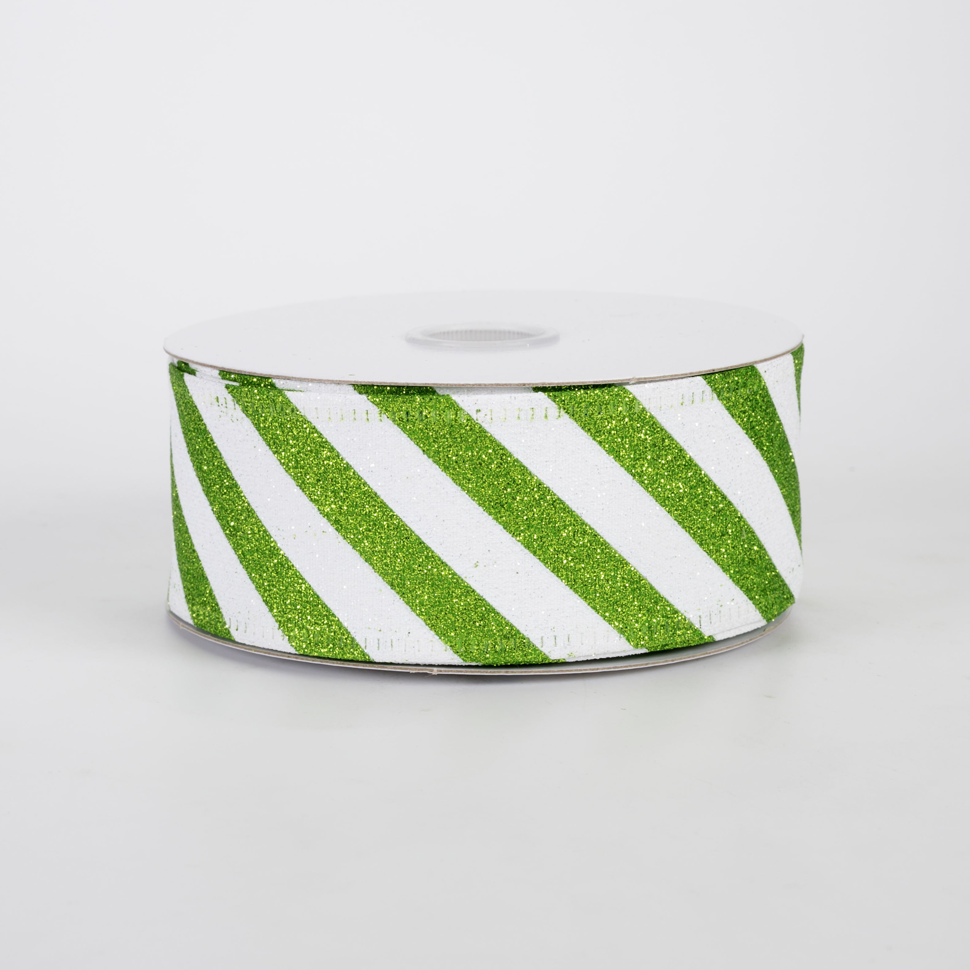 1.5" All Flat Glitter Candy Cane Stripe Ribbon: Lime Green & White (10 Yards)