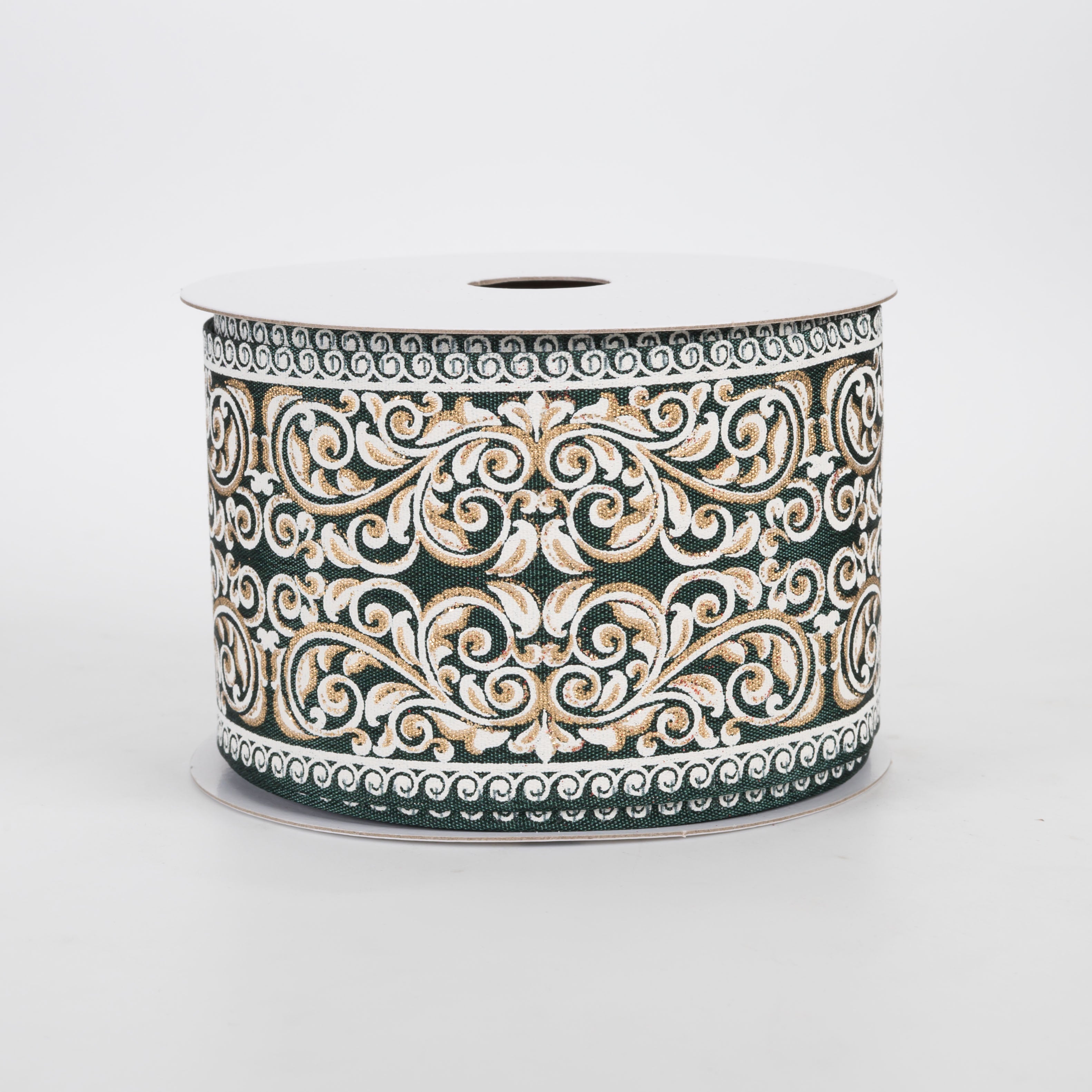2.5" Ornate Damask Satin Ribbon: White & Gold on Hunter Green (10 Yards)
