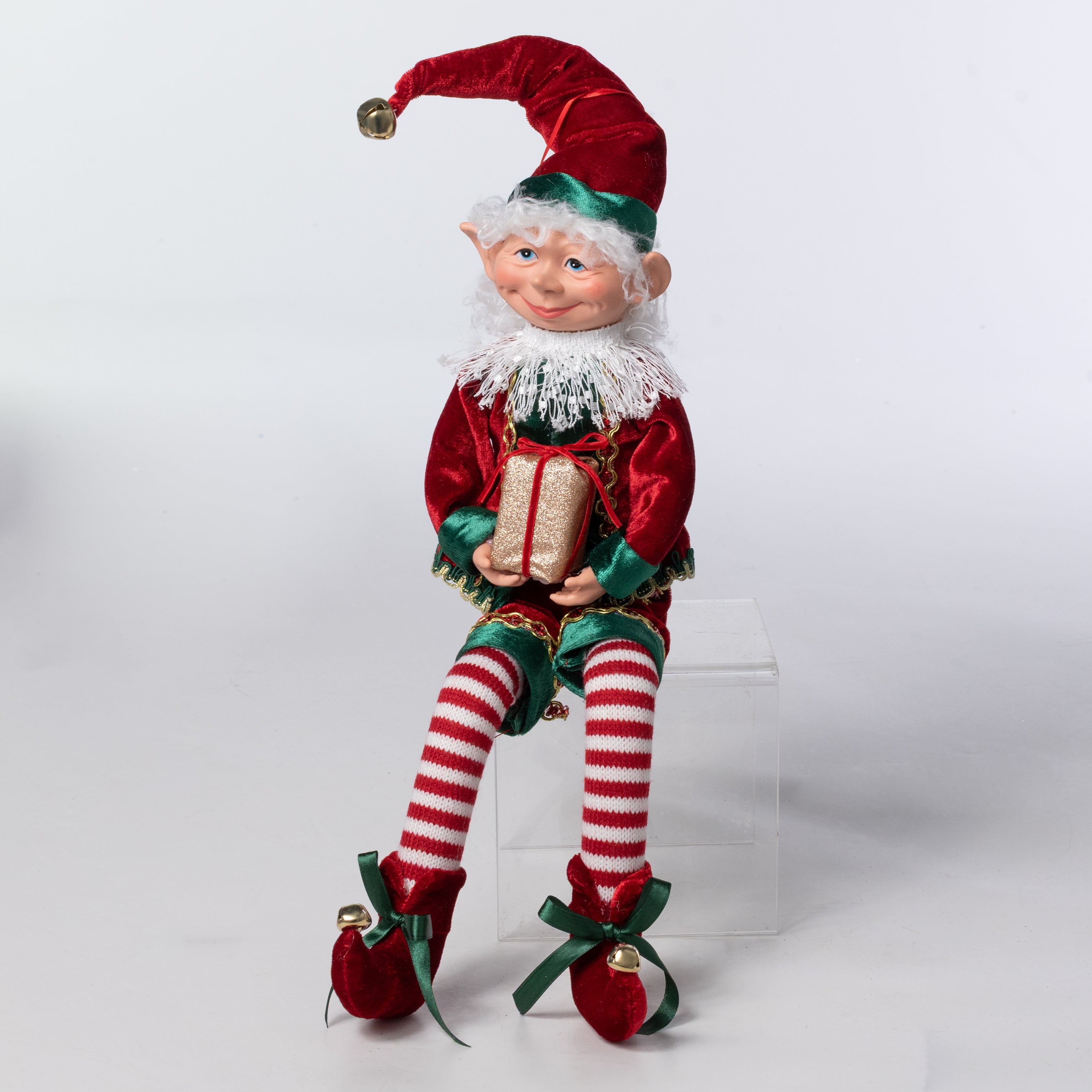 18" Velvet Traditional Christmas Elf with Gift Box