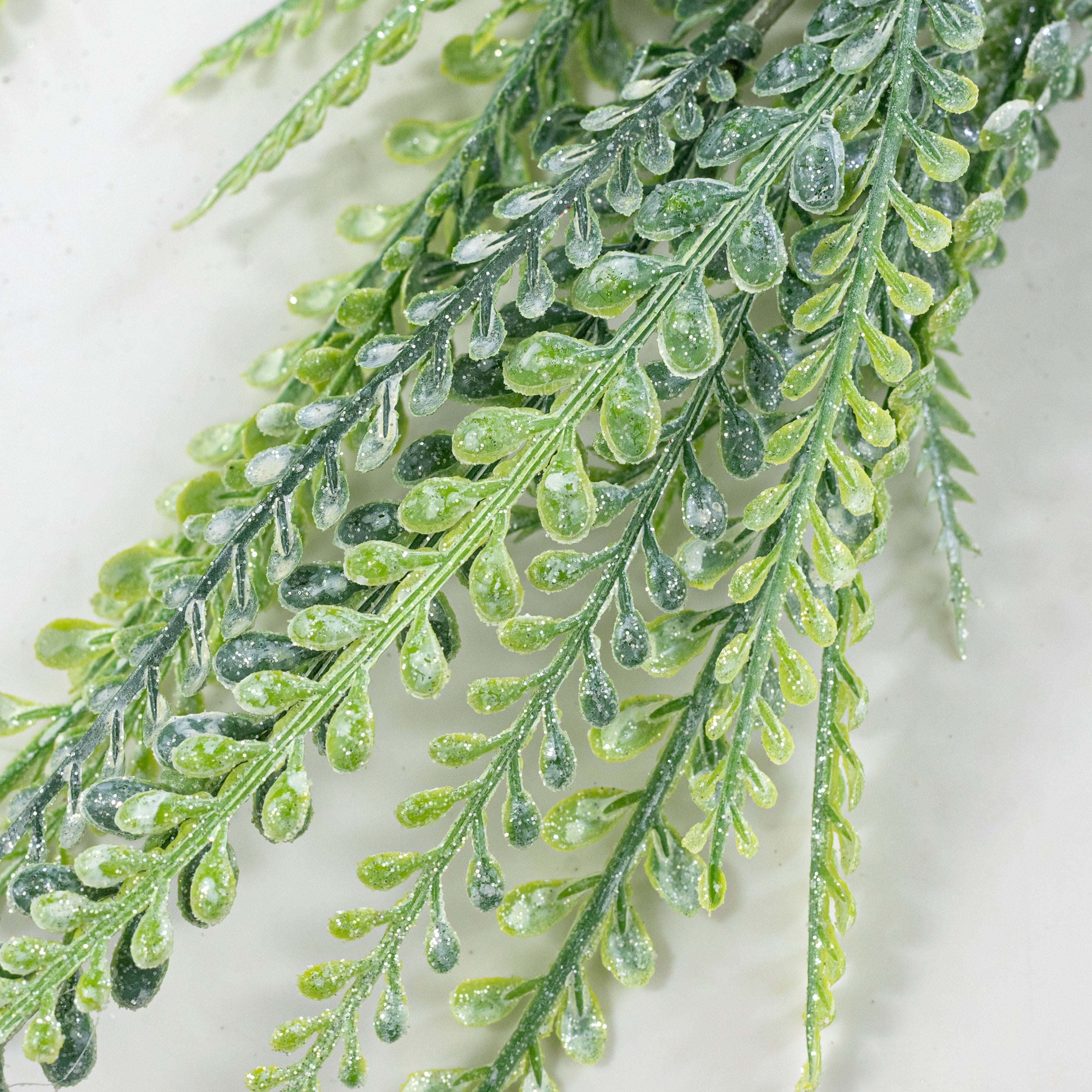 31" Plastic Leaves Button Fern Hanging Bush: Iced Green (5 Stem)