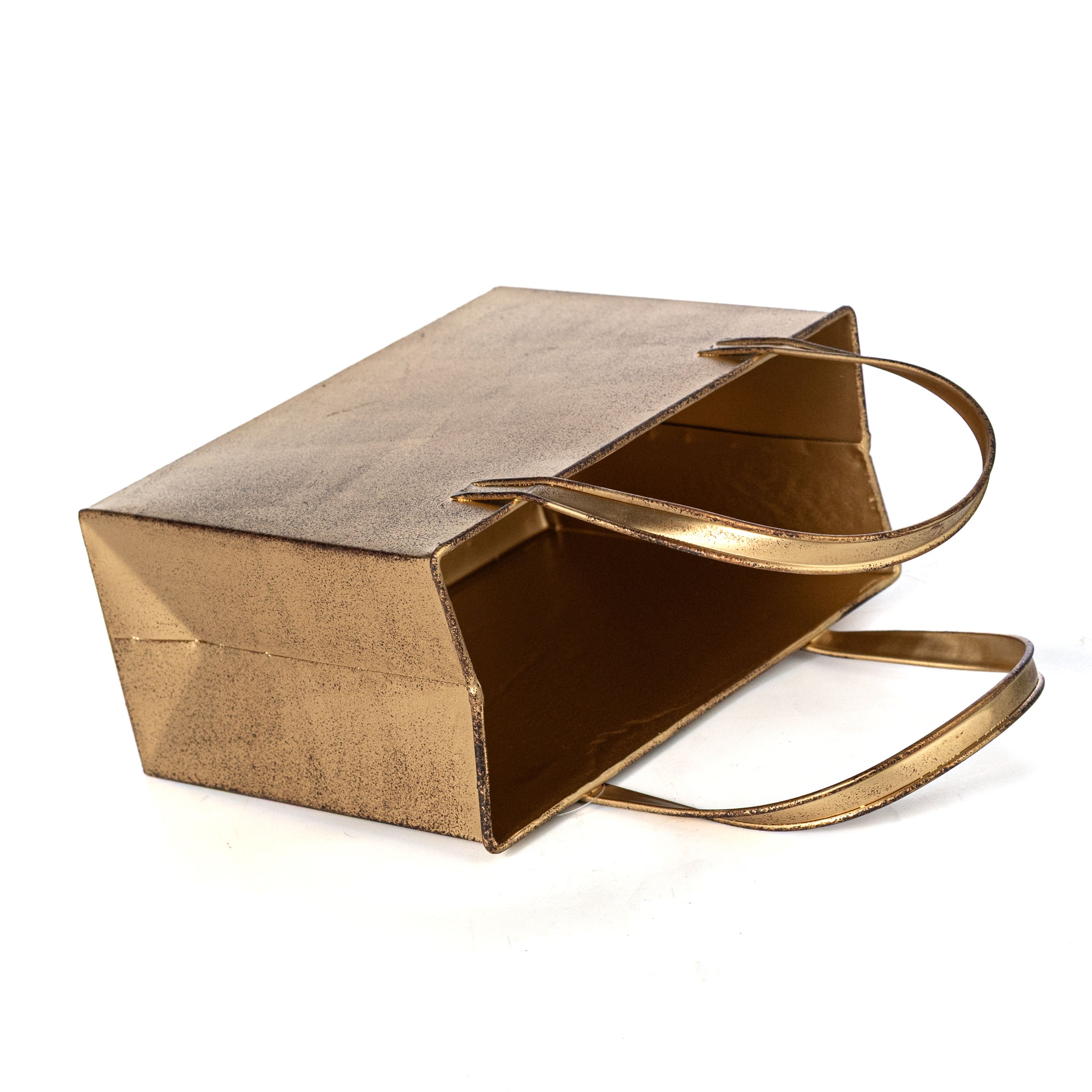 10" Distressed Metal Tote Bag Container: Antique Gold