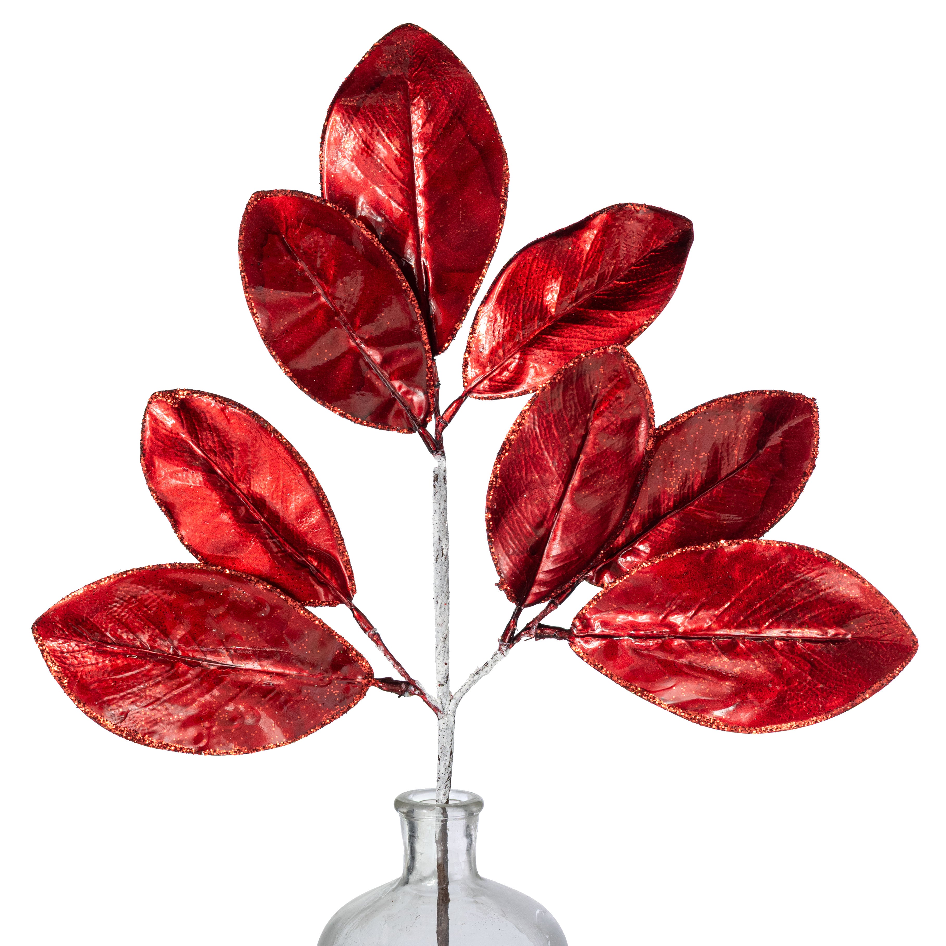 24" Metallic Magnolia Leaves Spray: Red