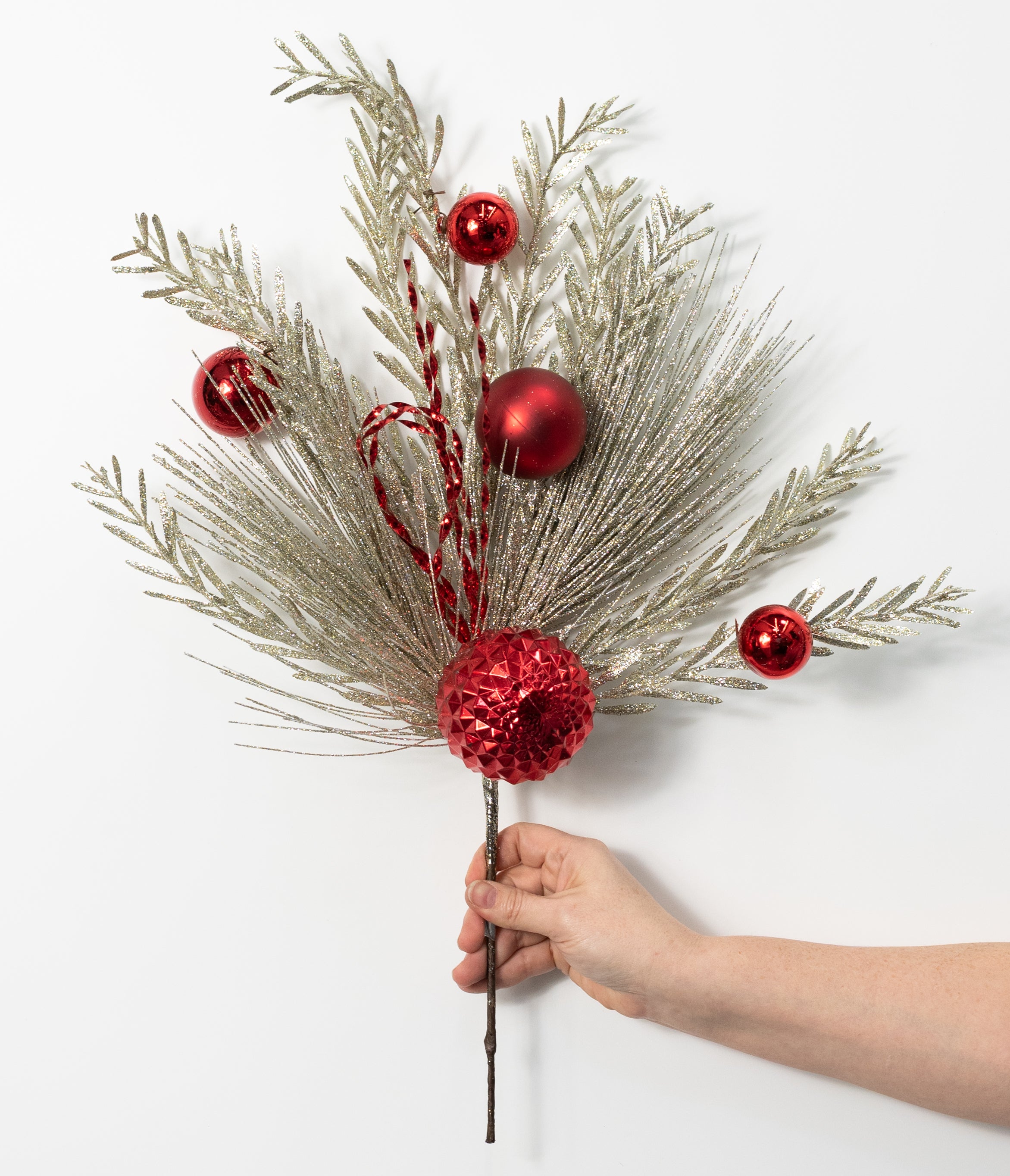 24" Mixed Needle Pine & Metallic Ball Spray: Champagne & Red