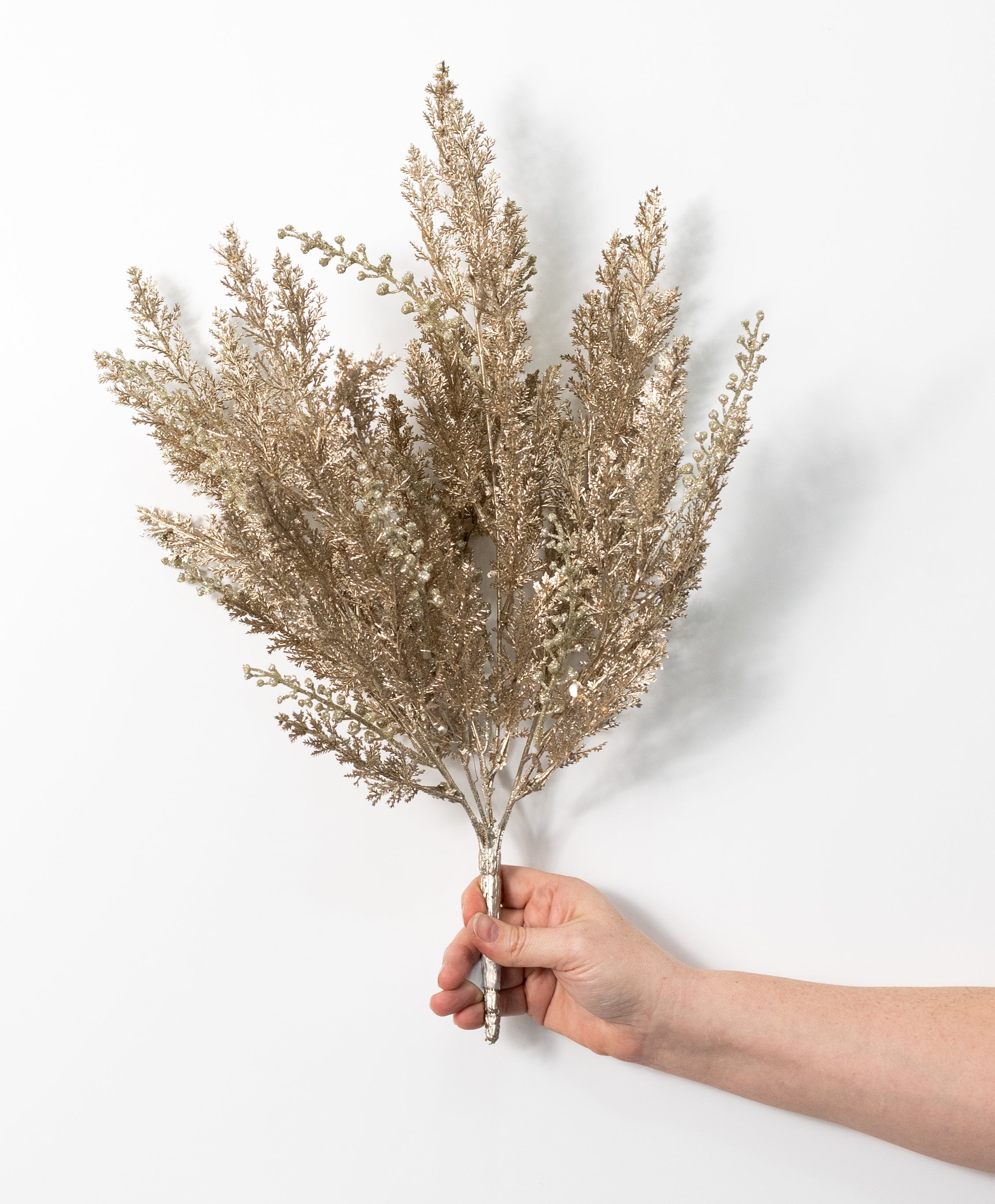 19" Glittered Cypress & Seed Pod Bush: Champagne Gold