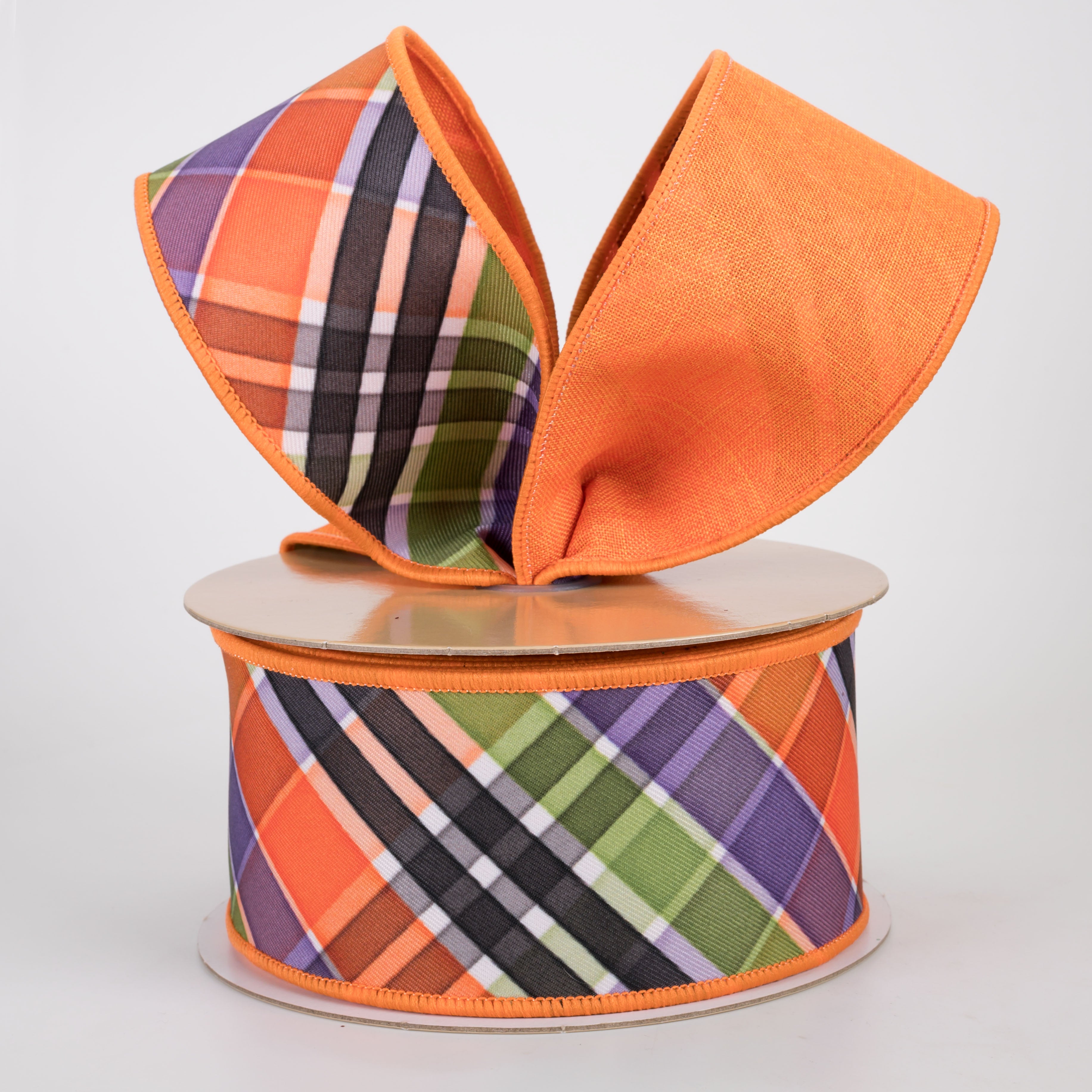 2.5" Double Sided Fused Halloween Plaid Ribbon: Orange, Lime & Purple (10 Yards)