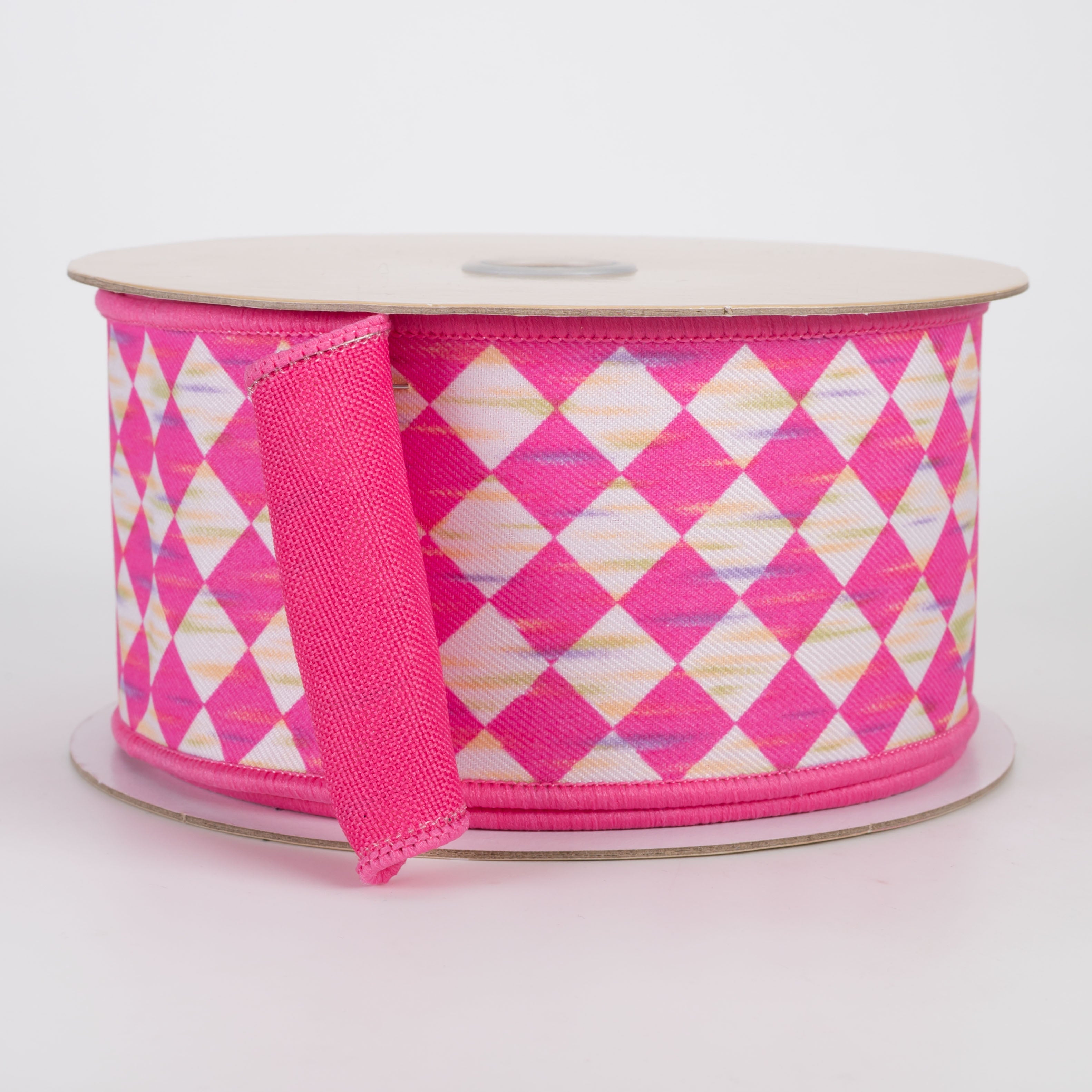 2.5" Double Sided Fused Antique Diamond Harlequin Ribbon: Hot Pink & White (10 Yards)