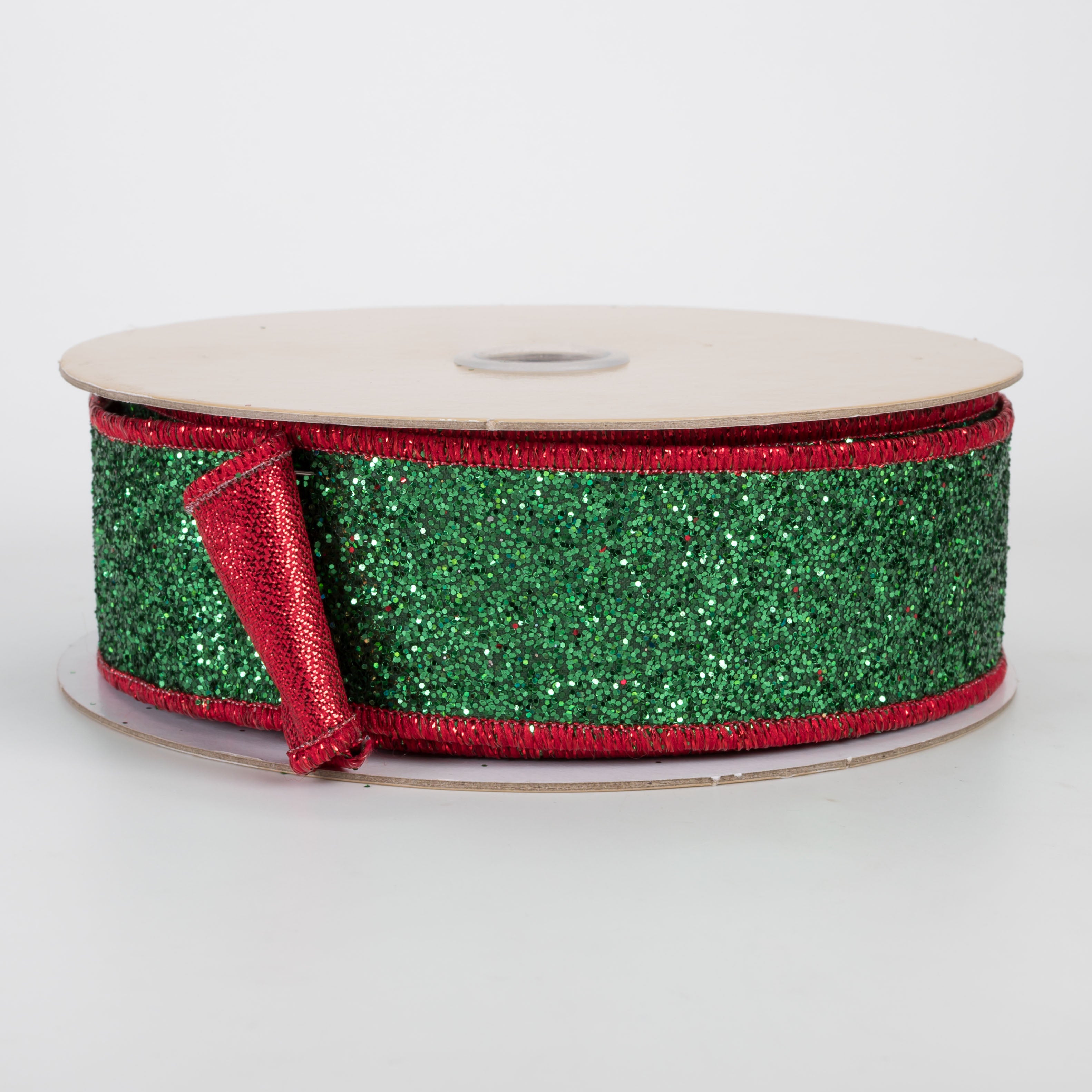 1.5" Double Sided Fused Laser Glitter Ribbon: Emerald Green & Red (10 Yards)