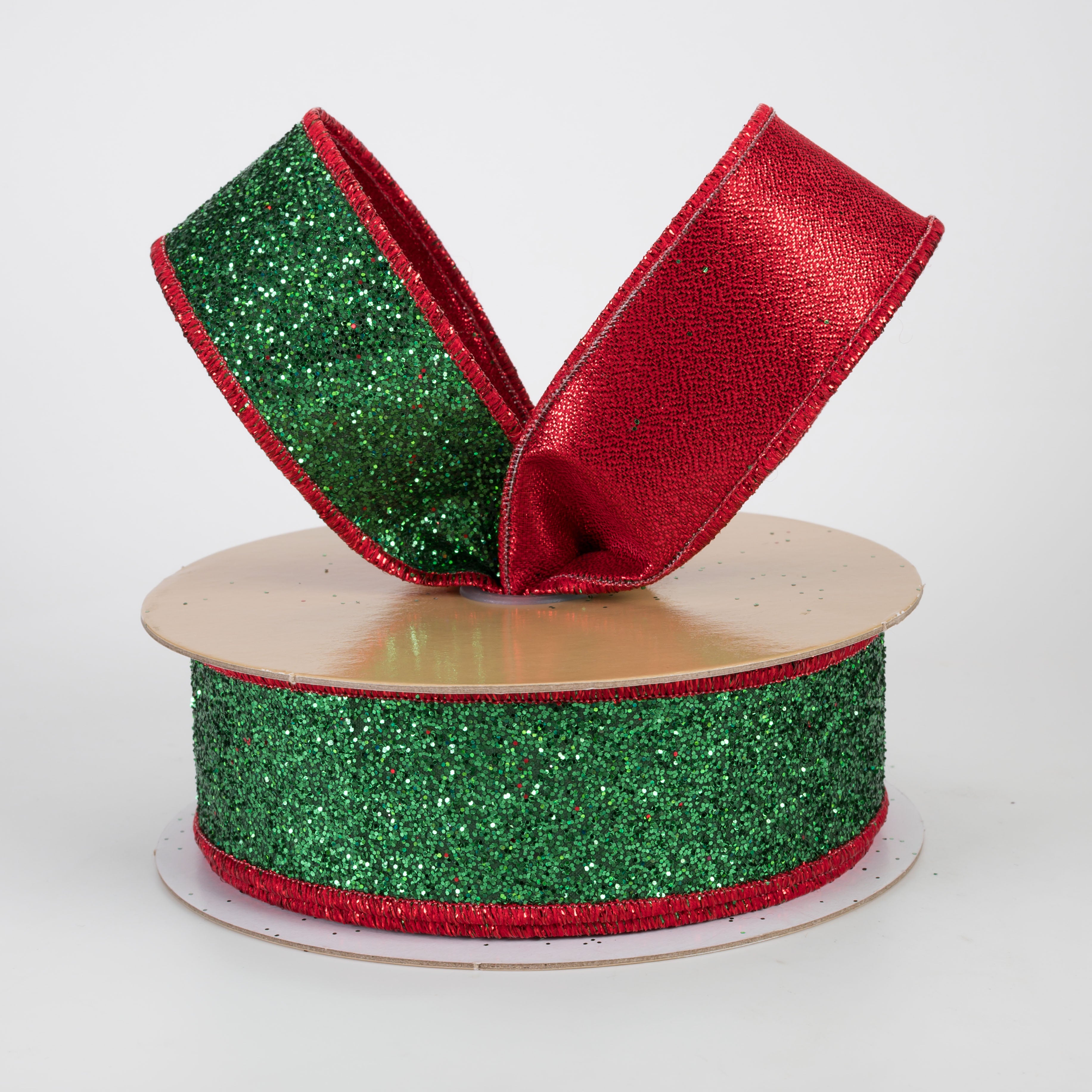 1.5" Double Sided Fused Laser Glitter Ribbon: Emerald Green & Red (10 Yards)