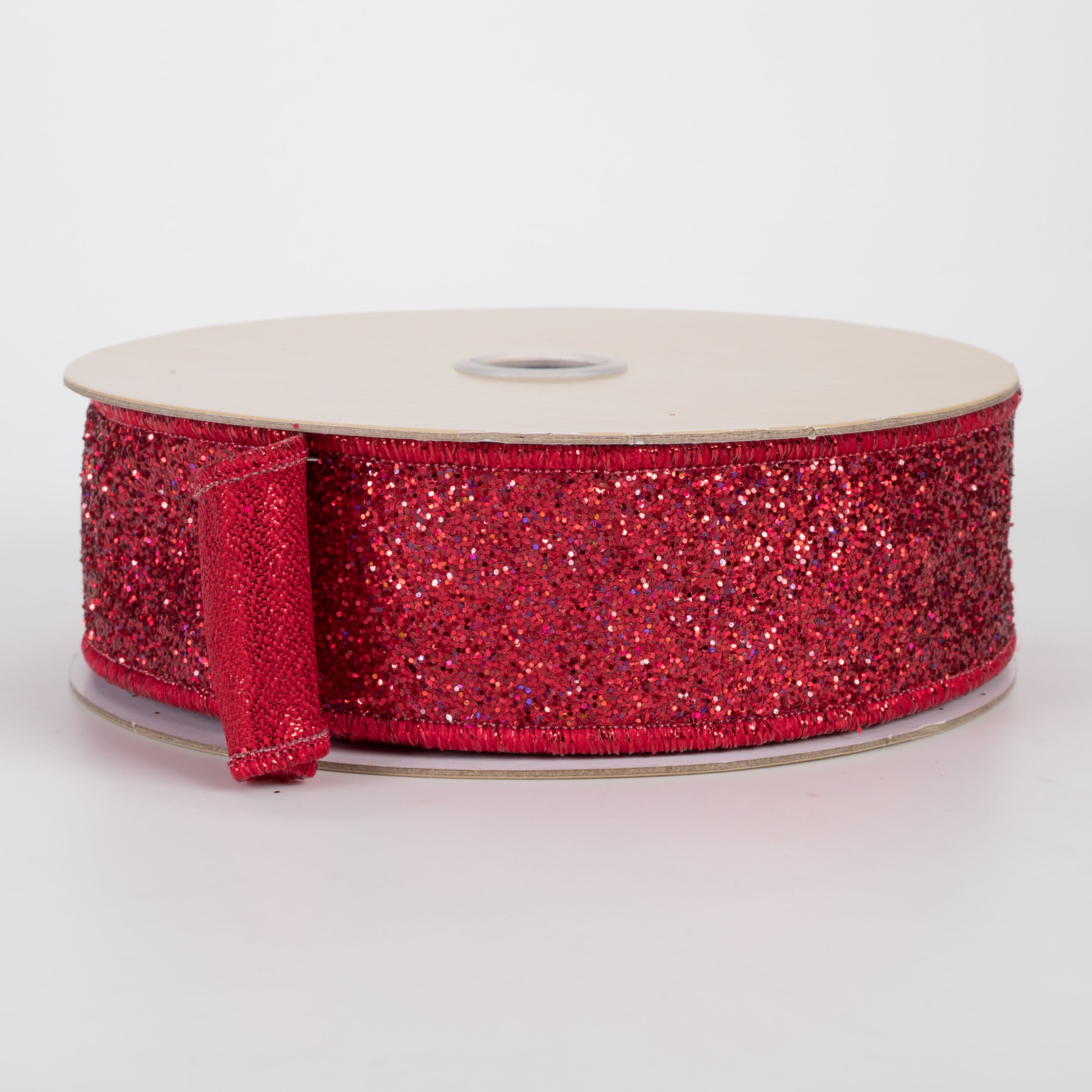 1.5" Double Sided Fused Laser Glitter Ribbon: Red (10 Yards)