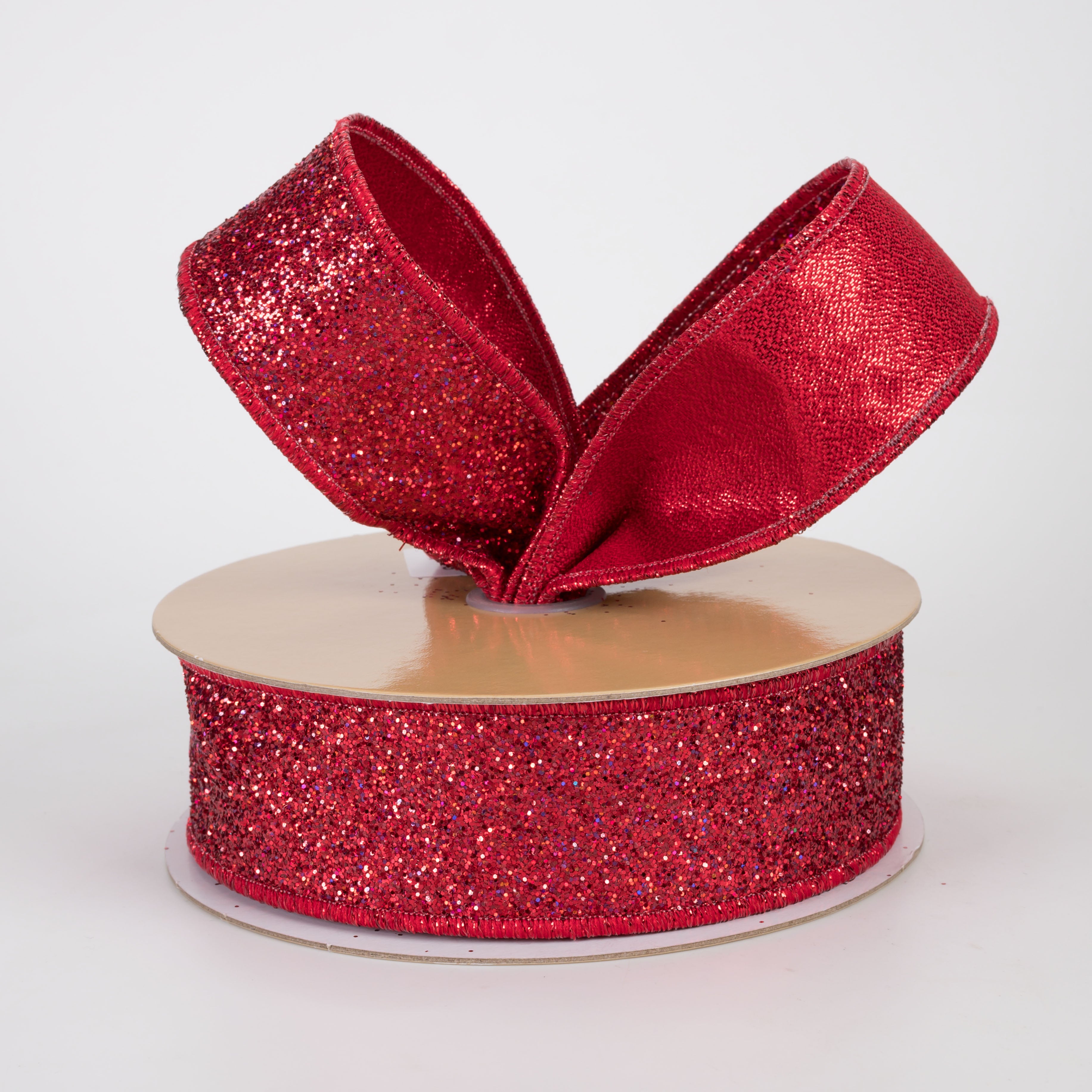 1.5" Double Sided Fused Laser Glitter Ribbon: Red (10 Yards)