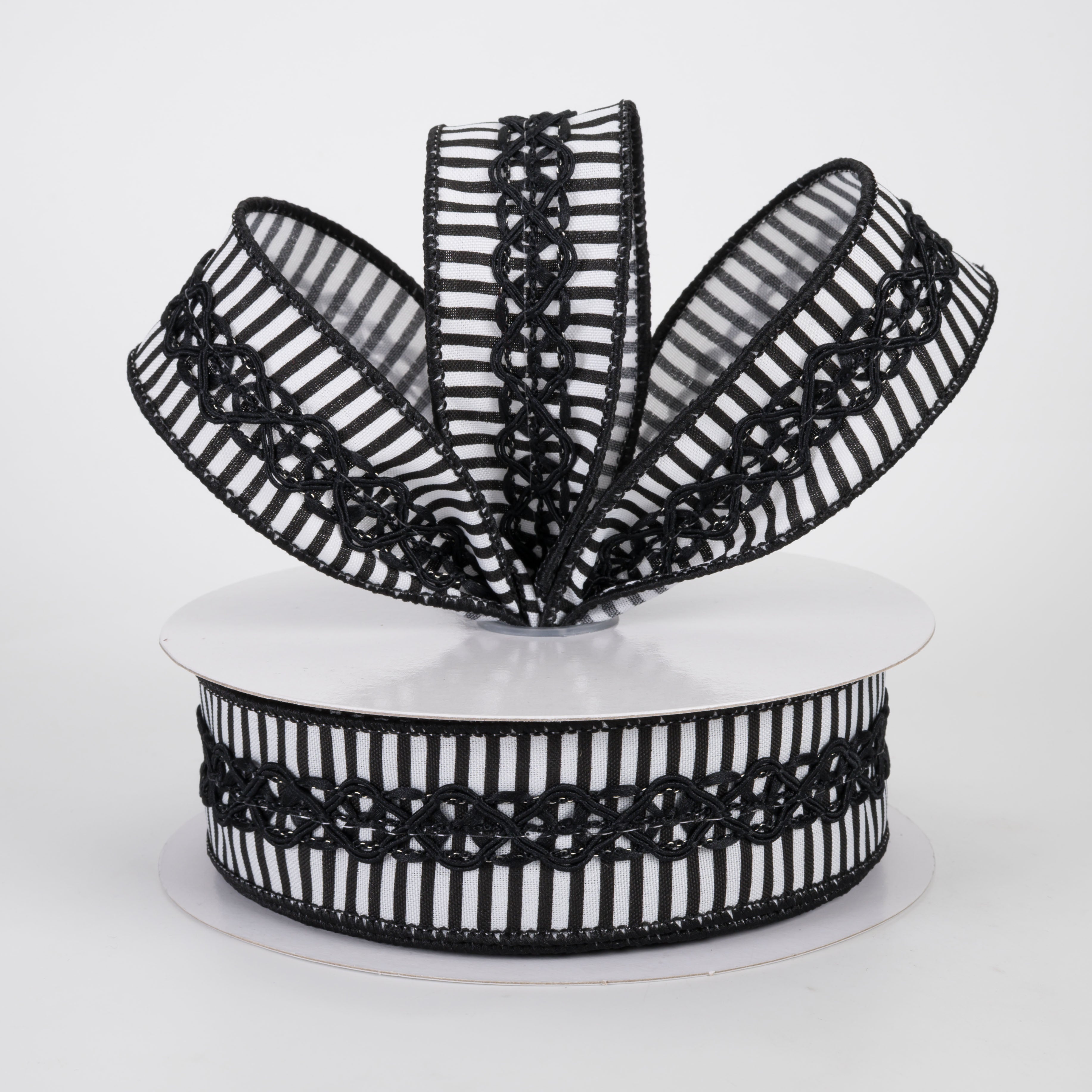 1.5" Horizontal Thin Stripes & Lace Ribbon: White & Black (10 Yards)