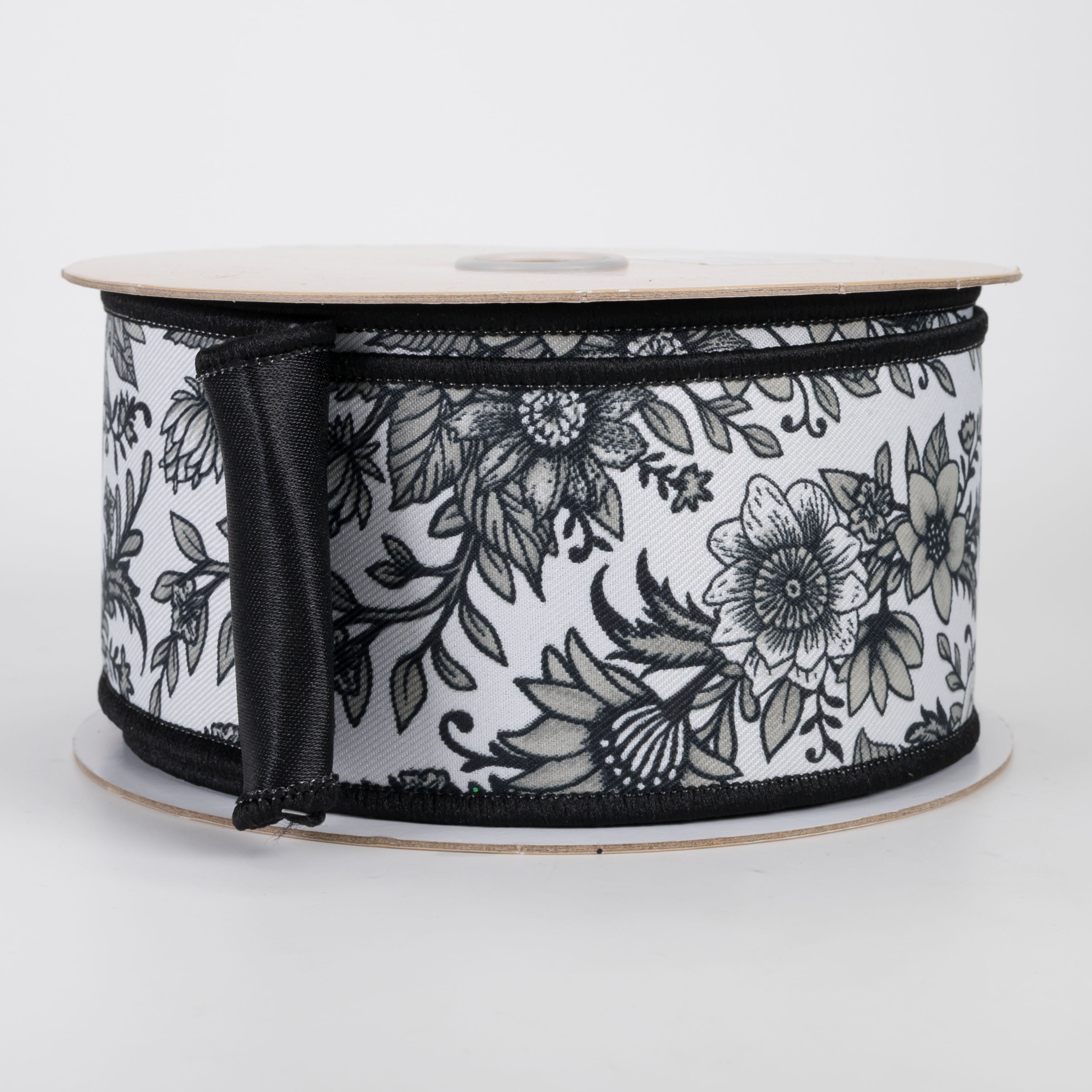 2.5" Double Sided Fused Chinoiserie Floral Ribbon: White & Black (10 Yards)