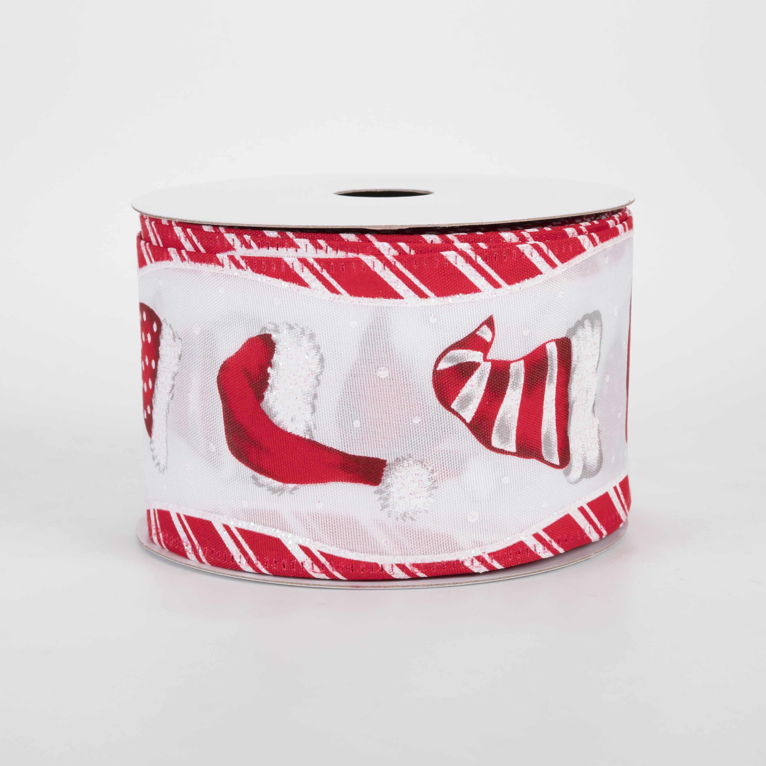 2.5" Santa Hats Peppermint Swirl Edge Satin Ribbon: White & Red (10 Yards)
