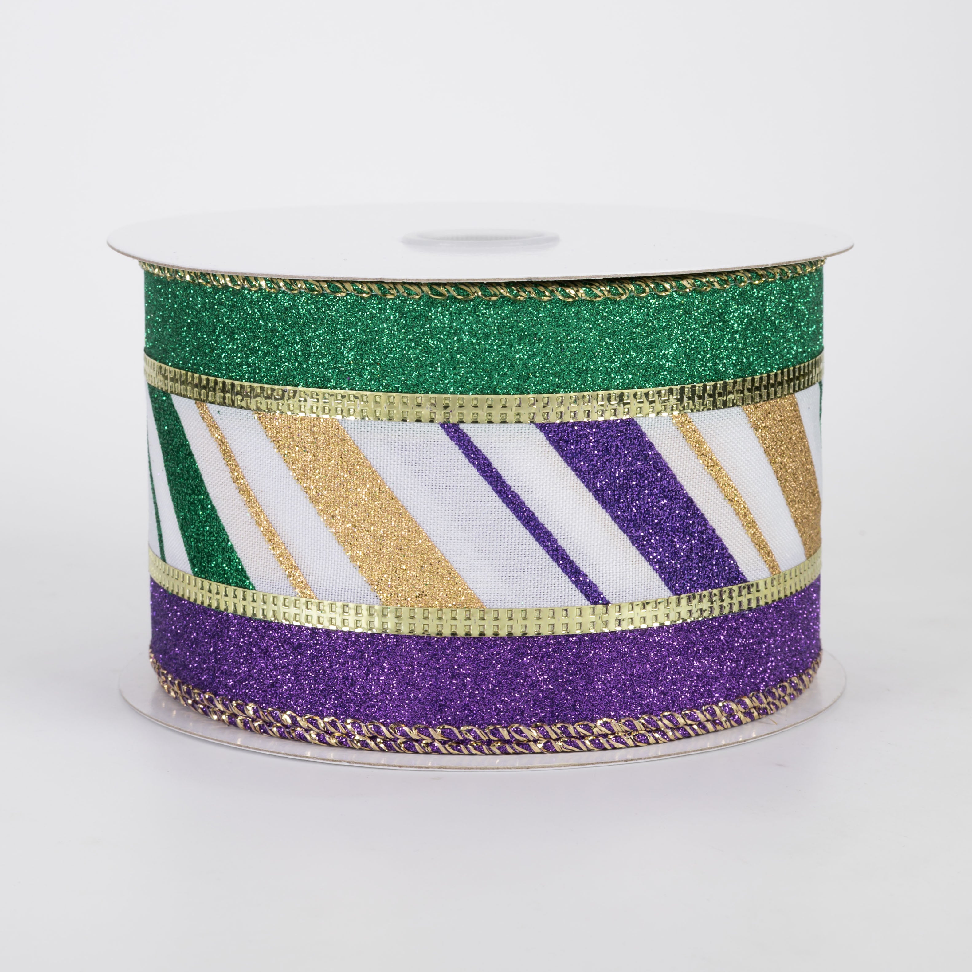 2.5" Diagonal Stripes Glitter Edge Ribbon: Mardi Gras (10 Yards)