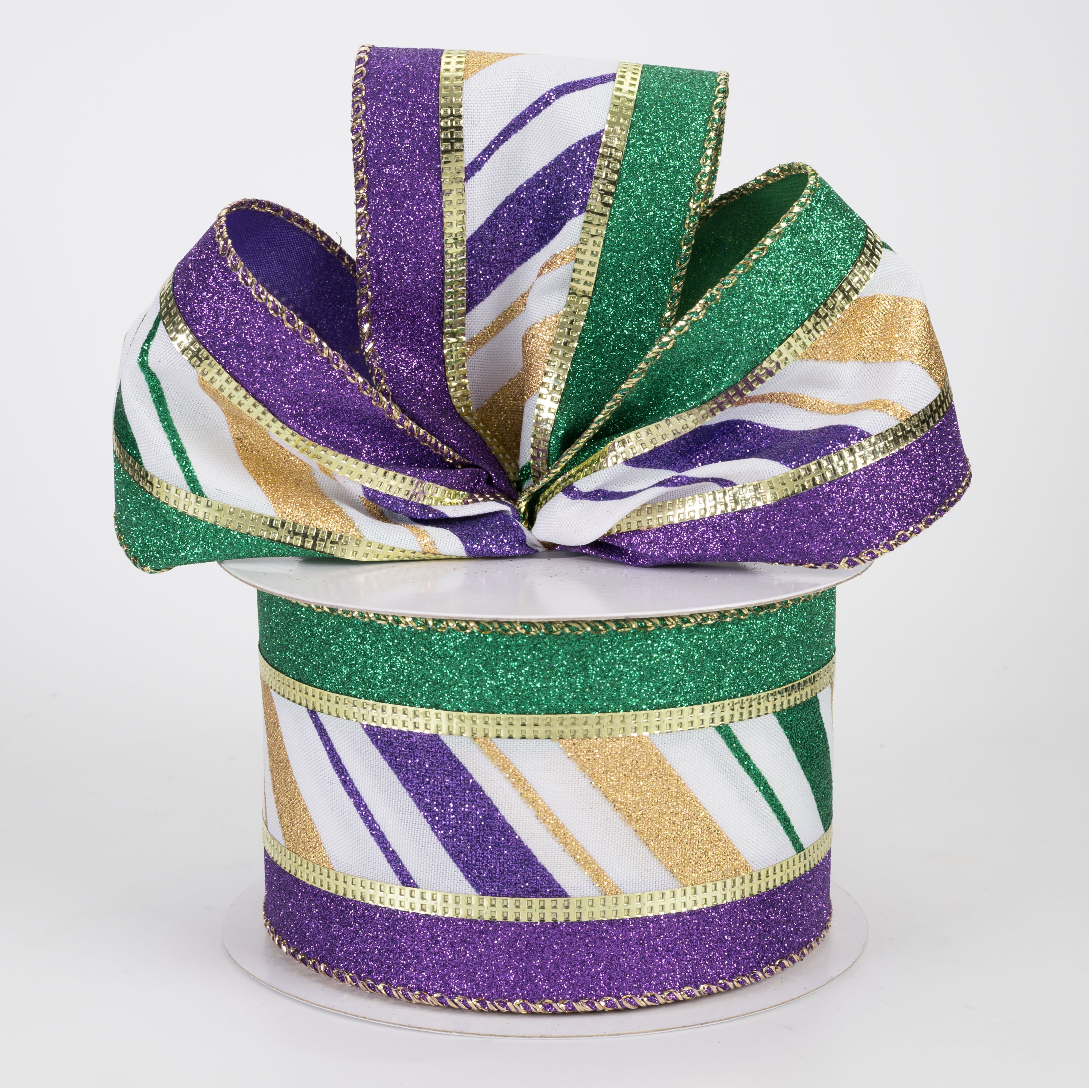 2.5" Diagonal Stripes Glitter Edge Ribbon: Mardi Gras (10 Yards)