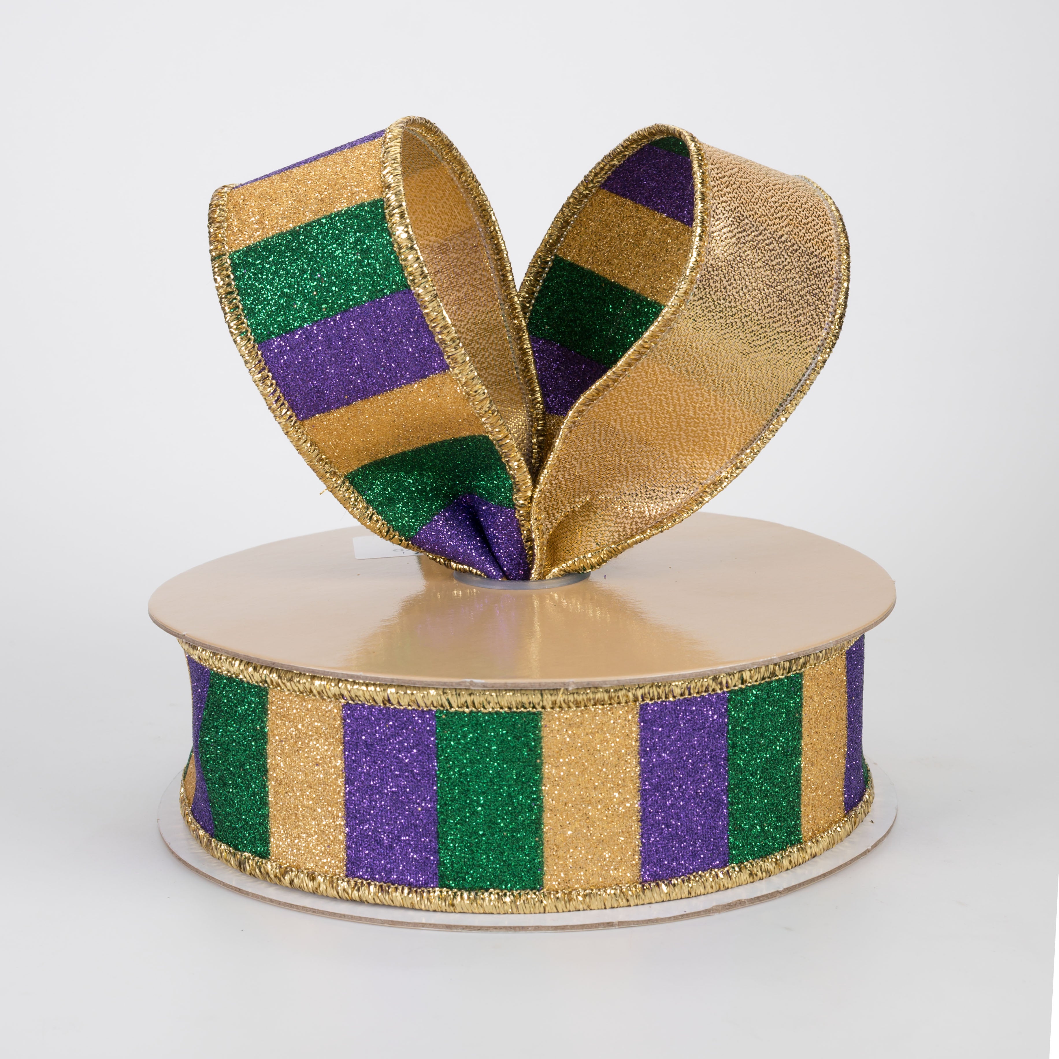 1.5" Double Sided Fused Glitter Stripes Ribbon: Mardi Gras (10 Yards)