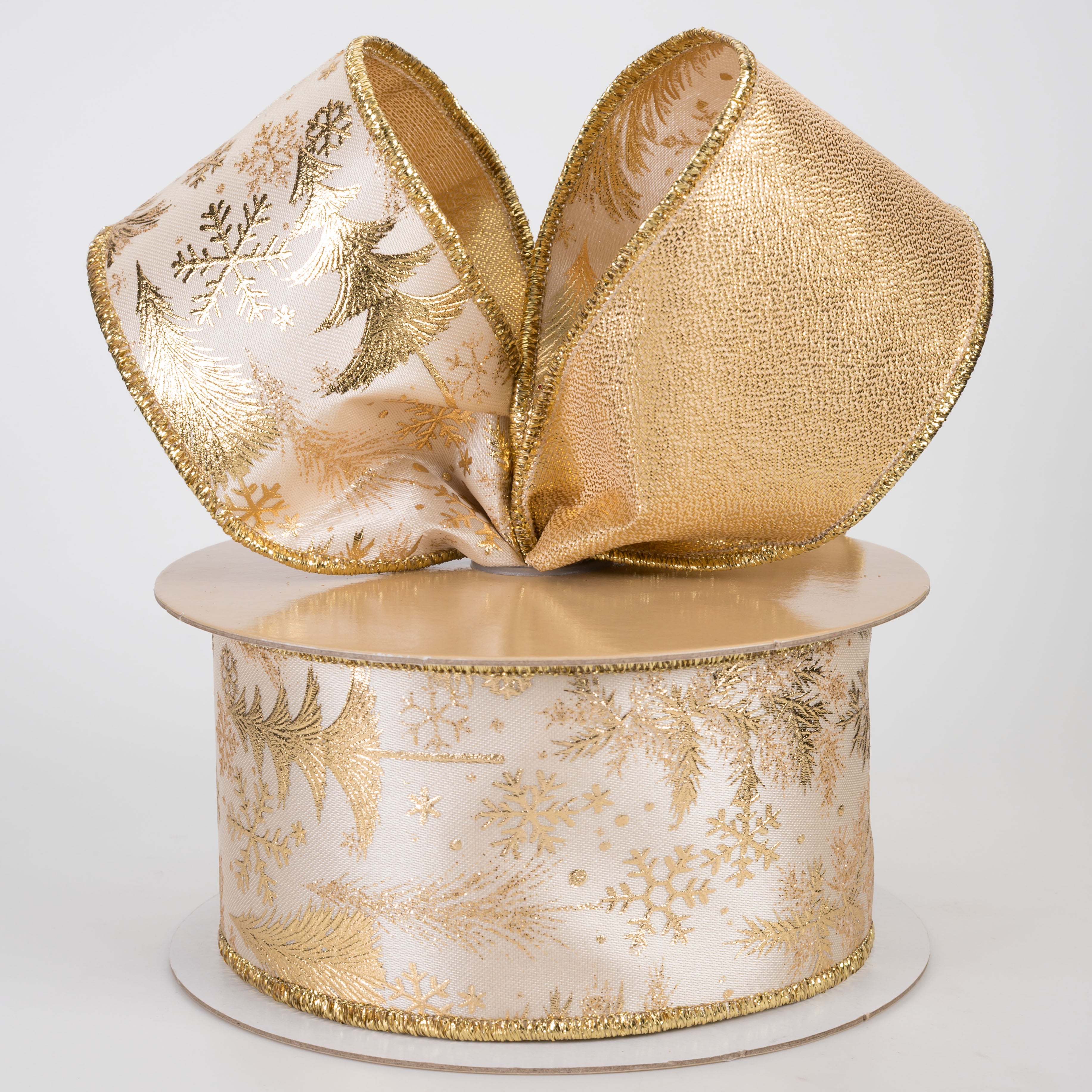 2.5" Double Sided Fused Foil Tree Ribbon: Cream & Gold (10 Yards)