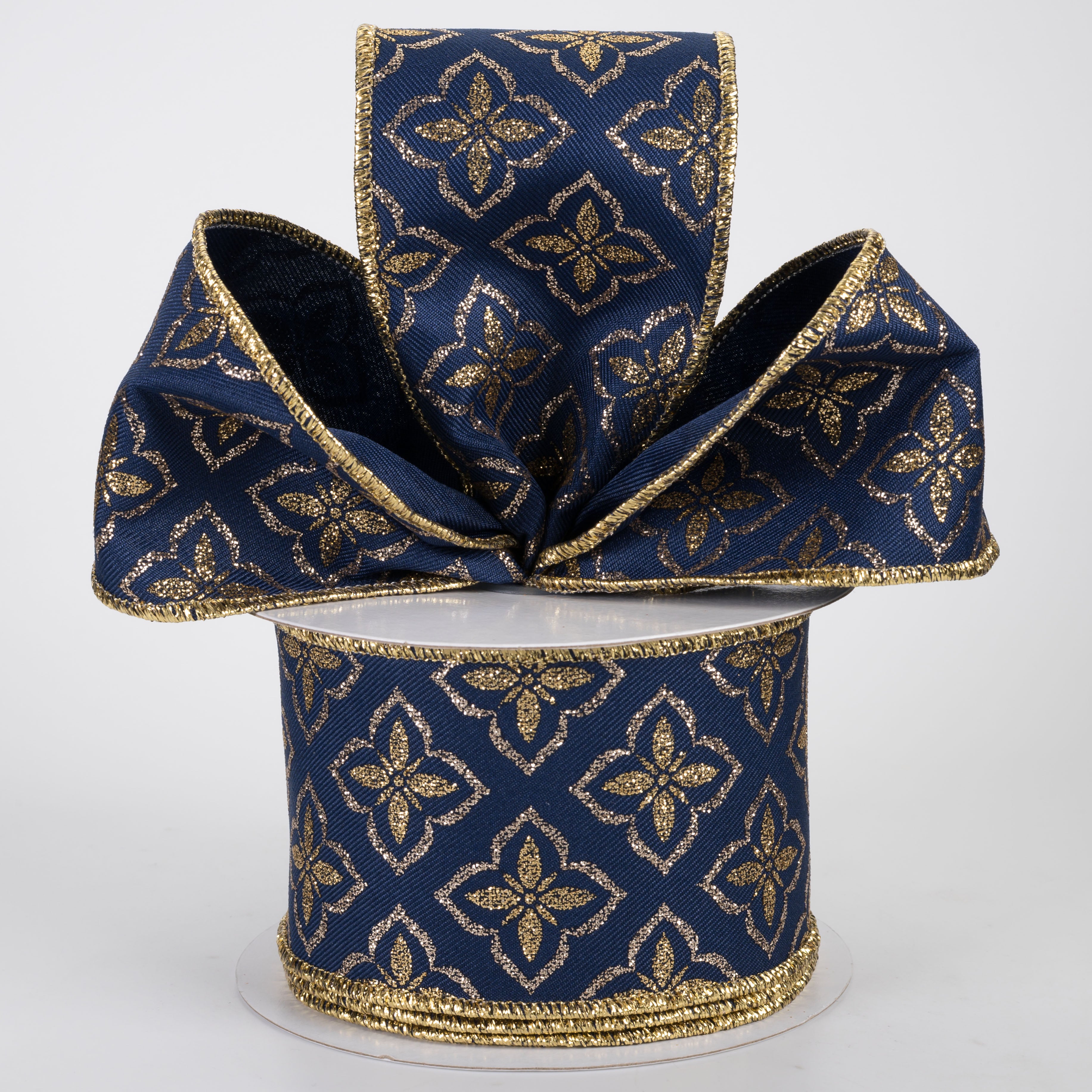 2.5" Quatrefoil Glitter Petals Ribbon: Navy & Gold (10 Yards)