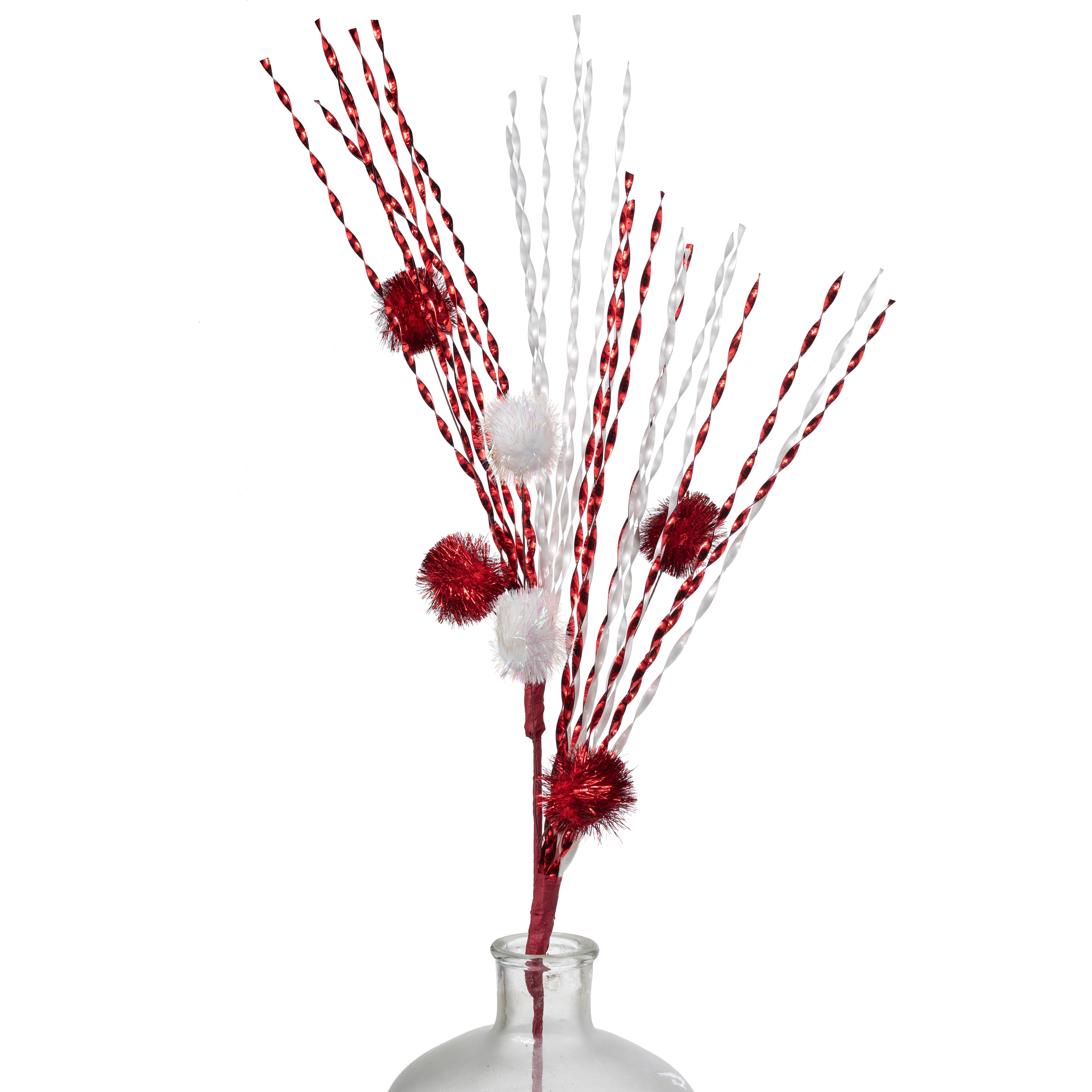 34" Twisted Tinsel & Pom Pom Ball Spray: Red & White