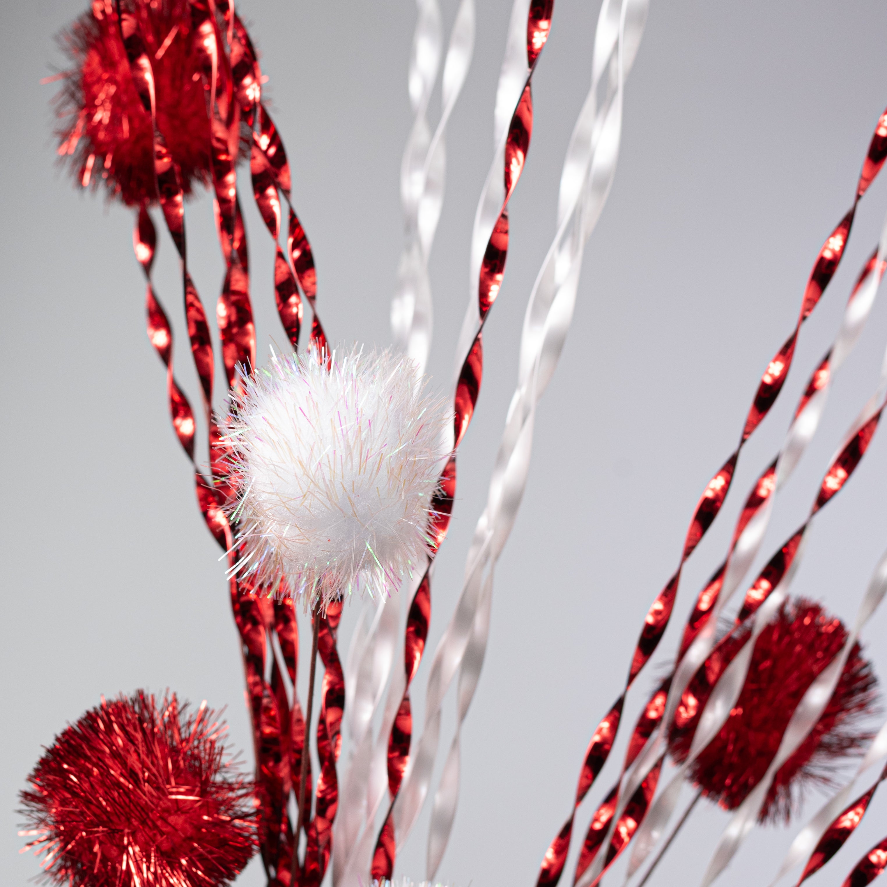 34" Twisted Tinsel & Pom Pom Ball Spray: Red & White