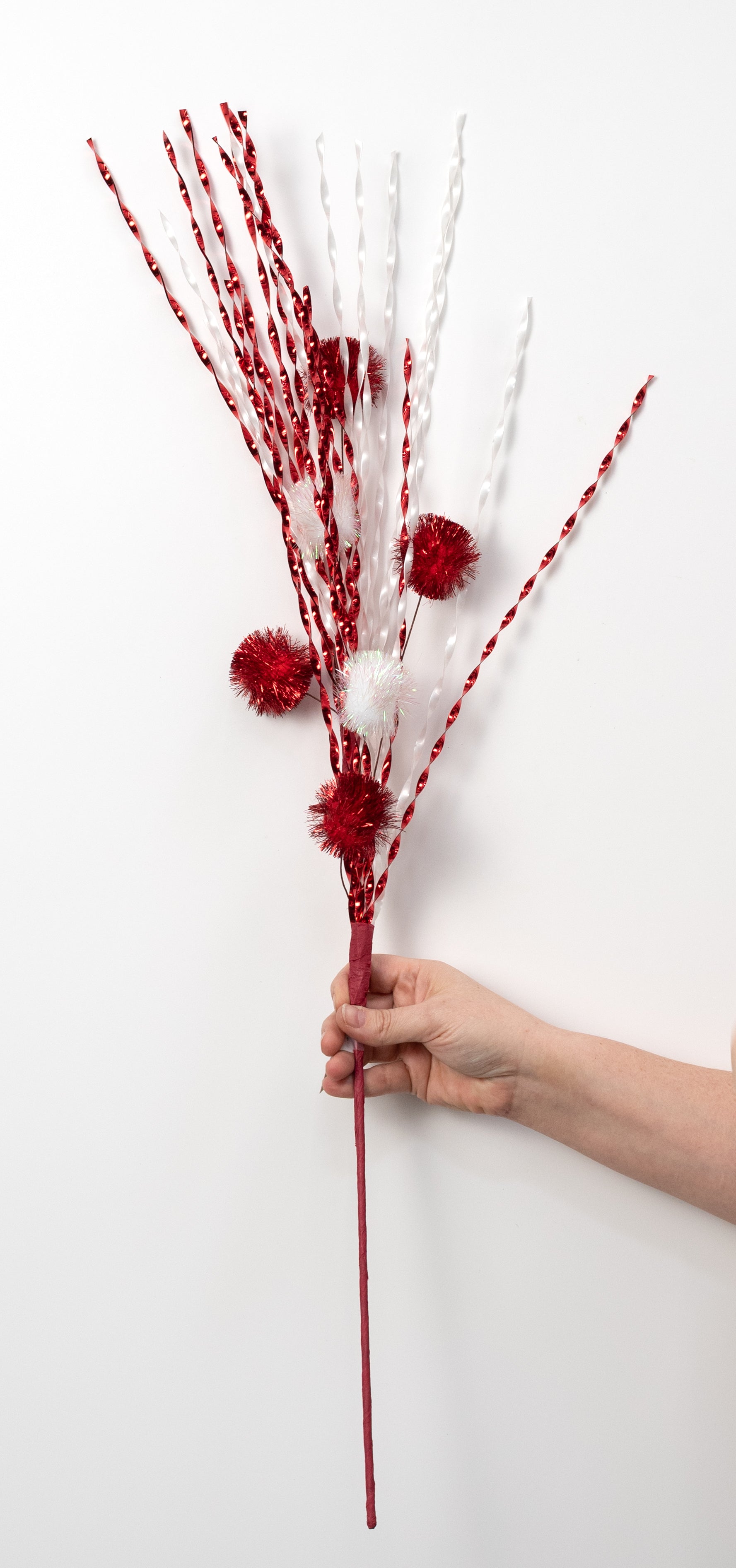 34" Twisted Tinsel & Pom Pom Ball Spray: Red & White