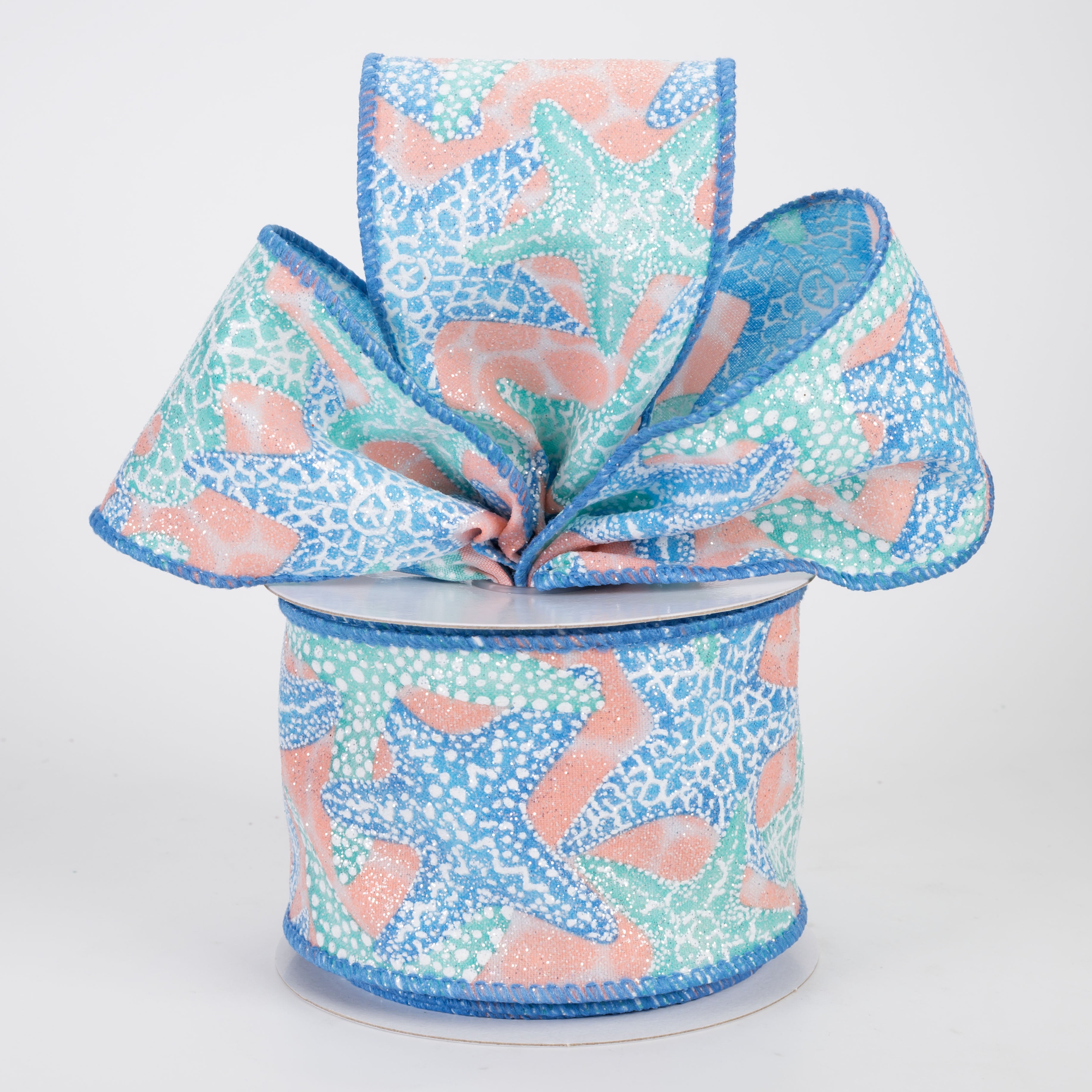 2.5" Glittered Coral & Blue Starfish Ribbon (10 Yards)