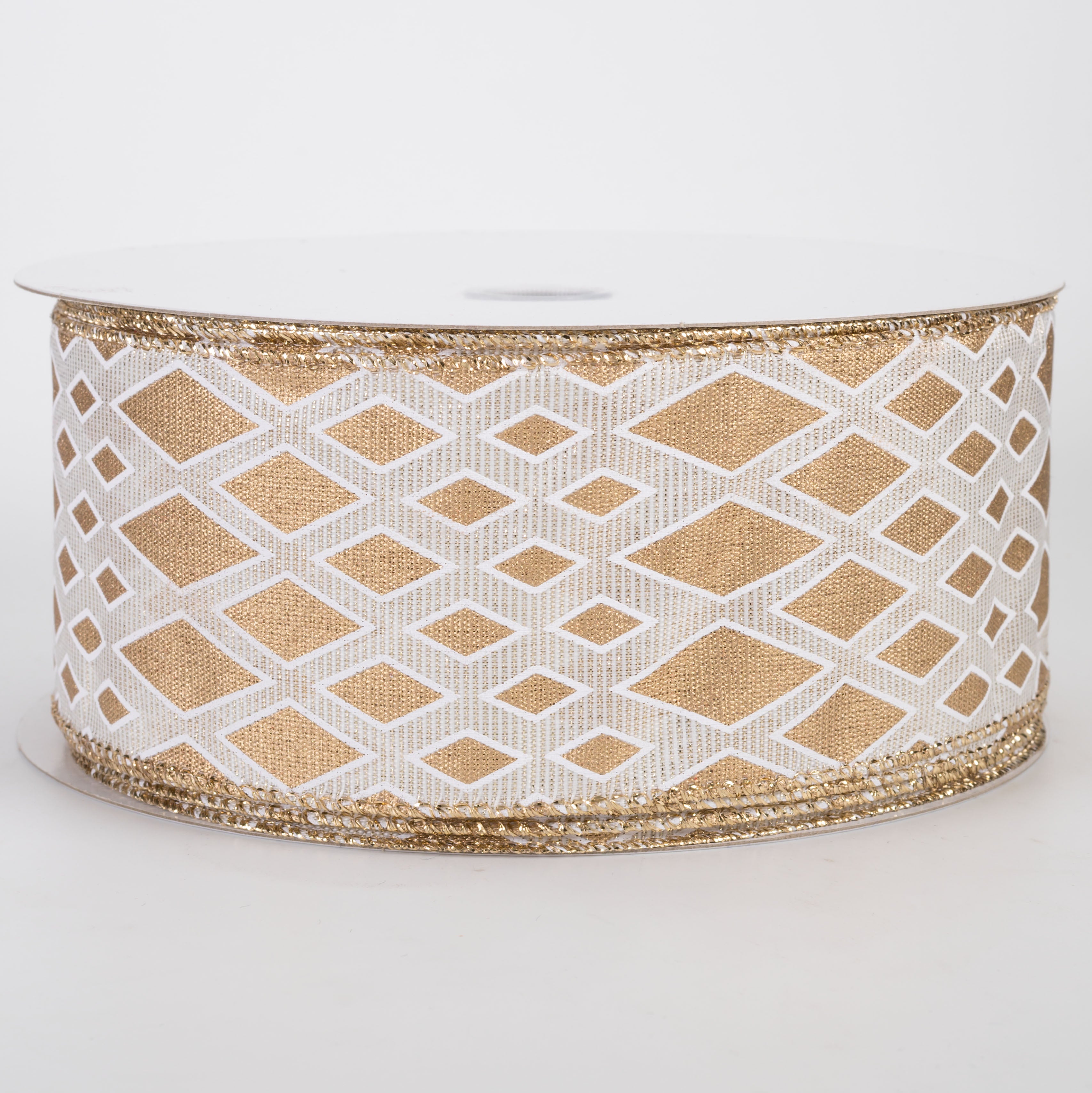 2.5" Linen Diamond Cascade Ribbon: Gold on Ivory (50 Yards)