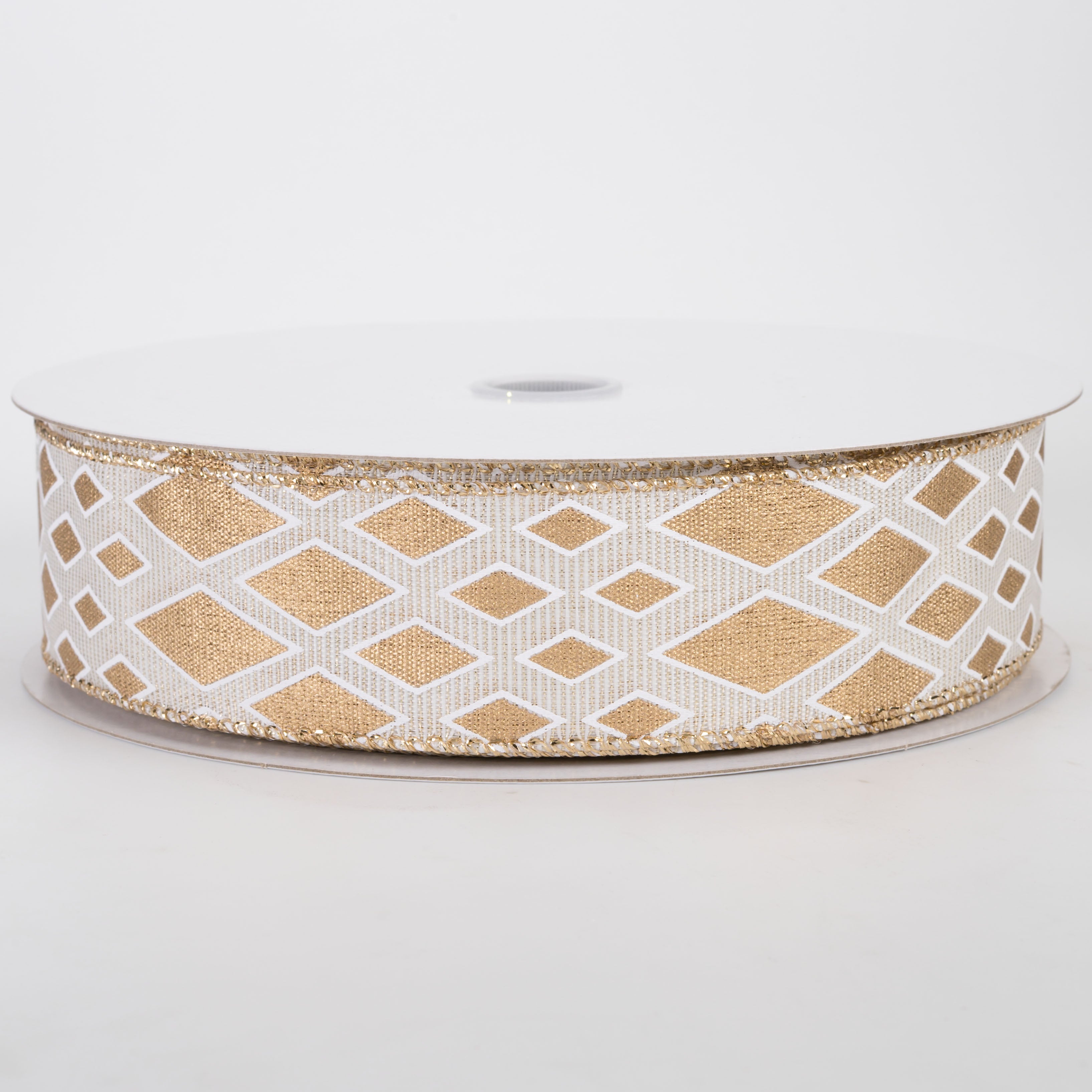 1.5" Linen Diamond Cascade Ribbon: Gold on Ivory (50 Yards)