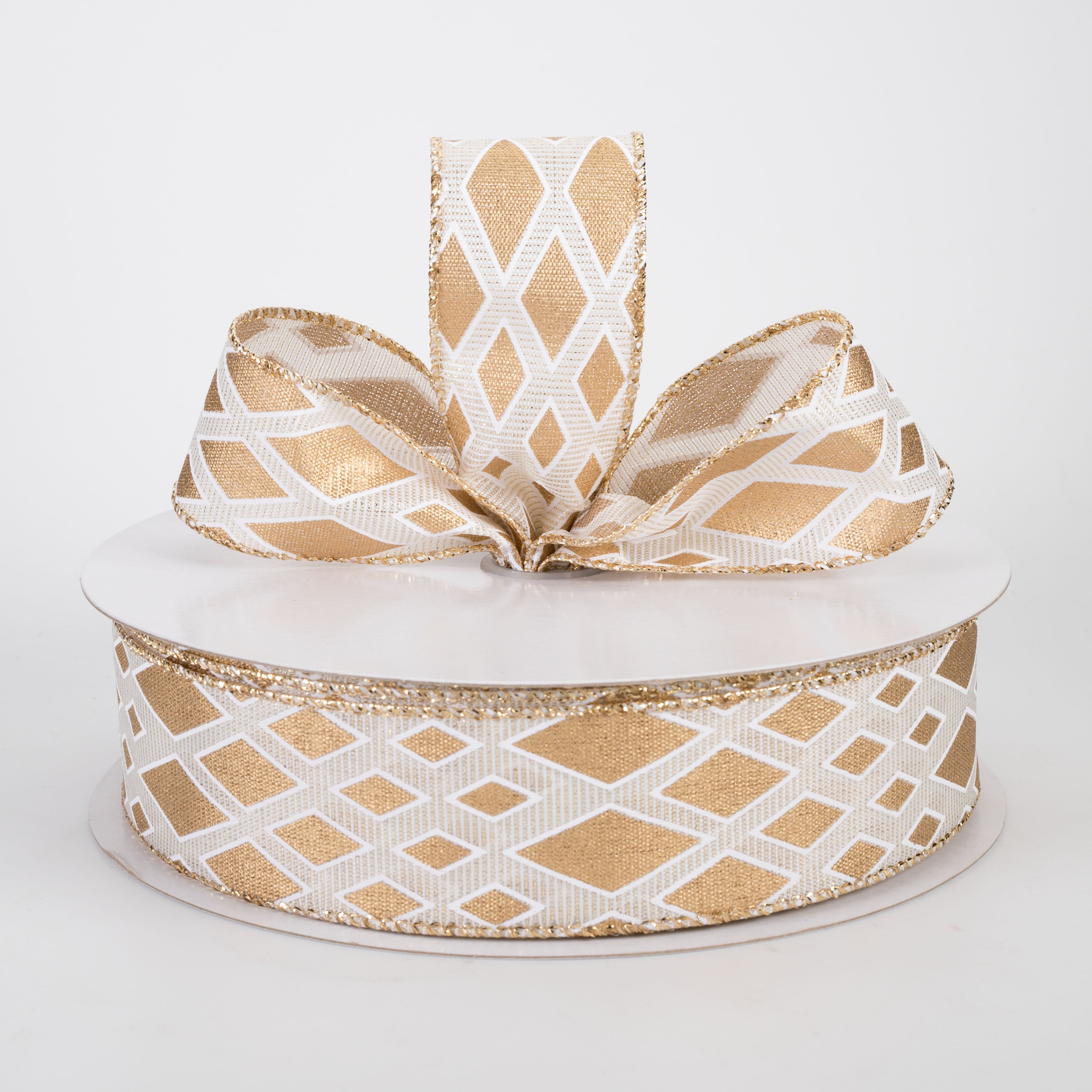 1.5" Linen Diamond Cascade Ribbon: Gold on Ivory (50 Yards)